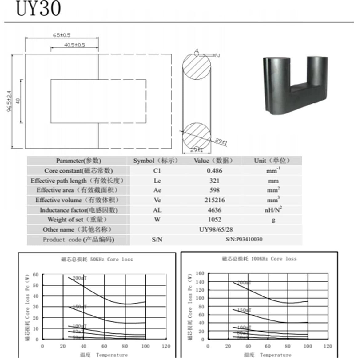 Núcleo de Transformador de Potencia UY30 MnZn PC40 456mm