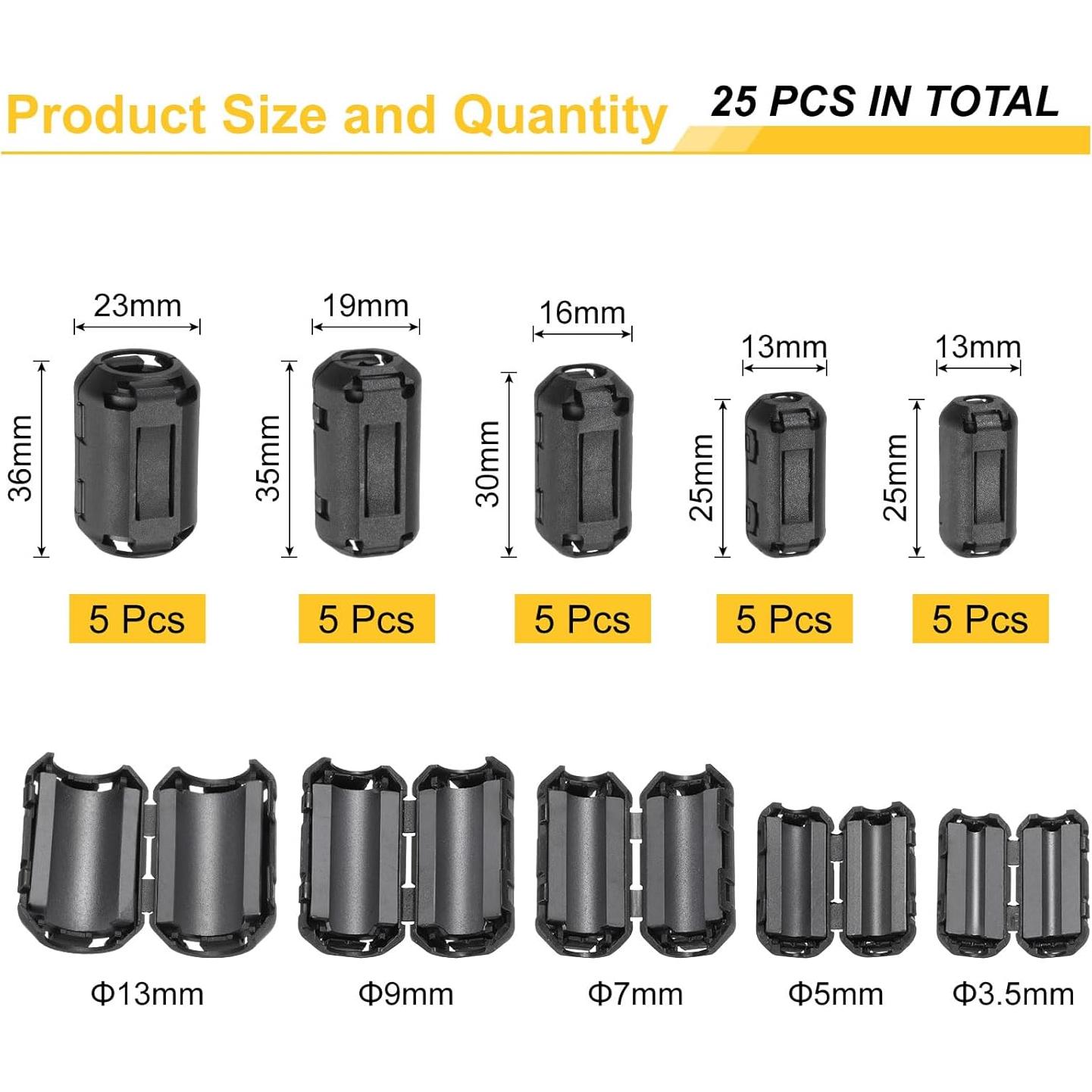 Núcleo de Anillo de Ferrita Clip-on MECCANIXITY 25 Pcs 3.5-13mm