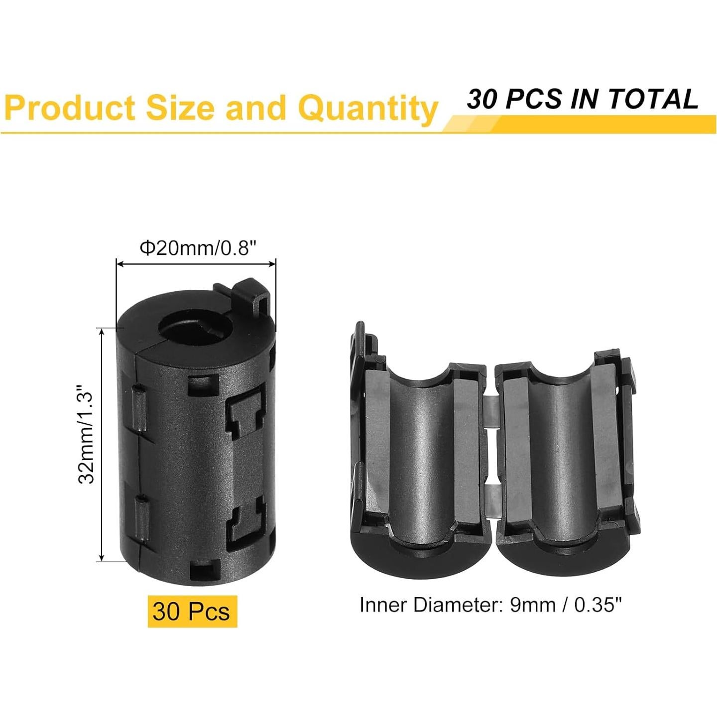 30 Pcs Núcleo de Anillo de Ferrita Clip-on uxcell 9mm Negro