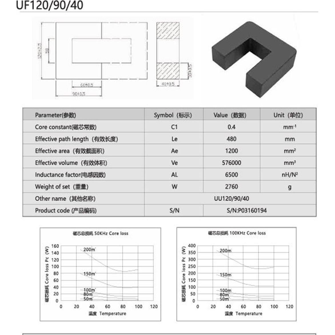 Núcleo de Transformador Ferrita UU120/90/40 6500nH Hondark