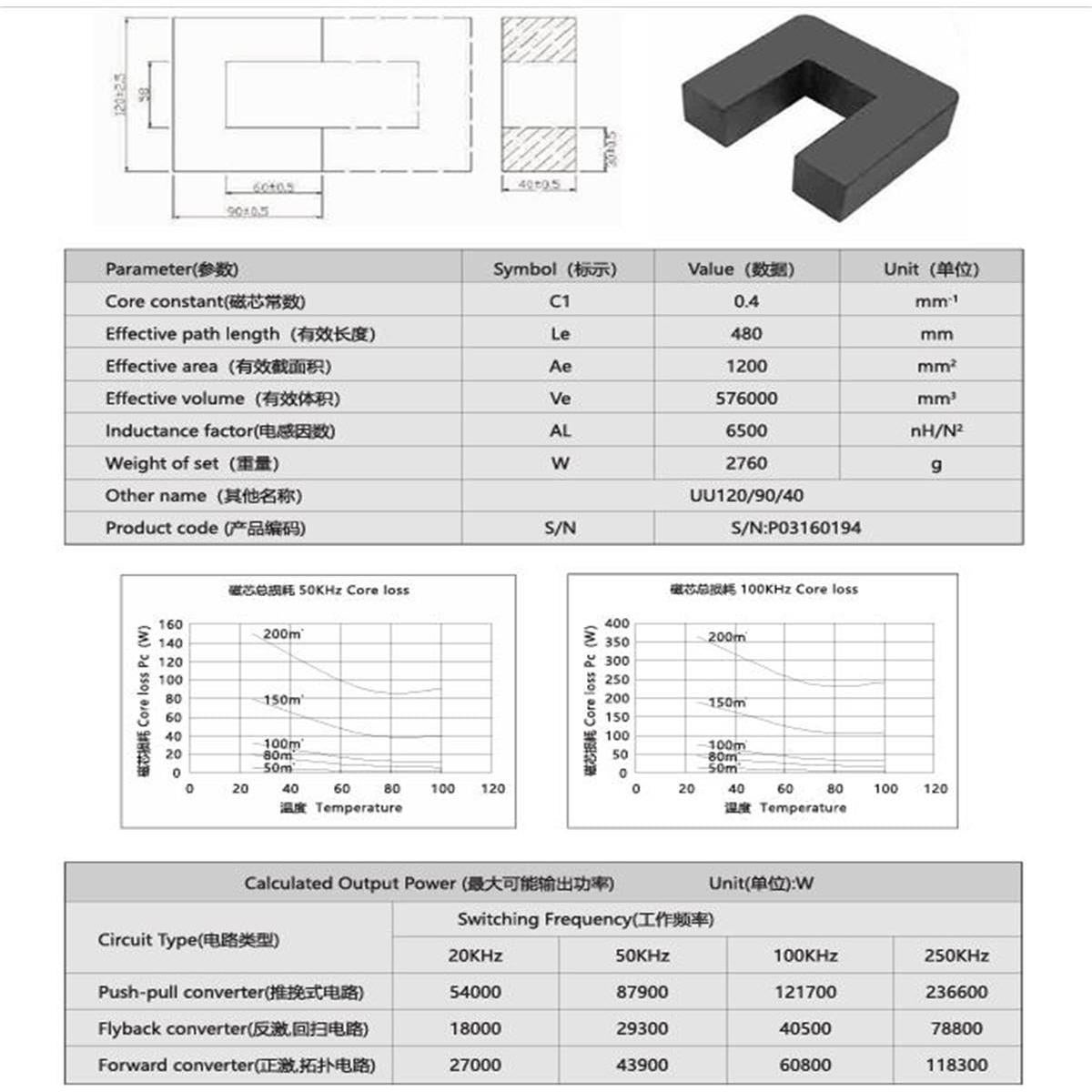 Núcleo de Transformador Ferrita UU120/90/40 6500nH Hondark