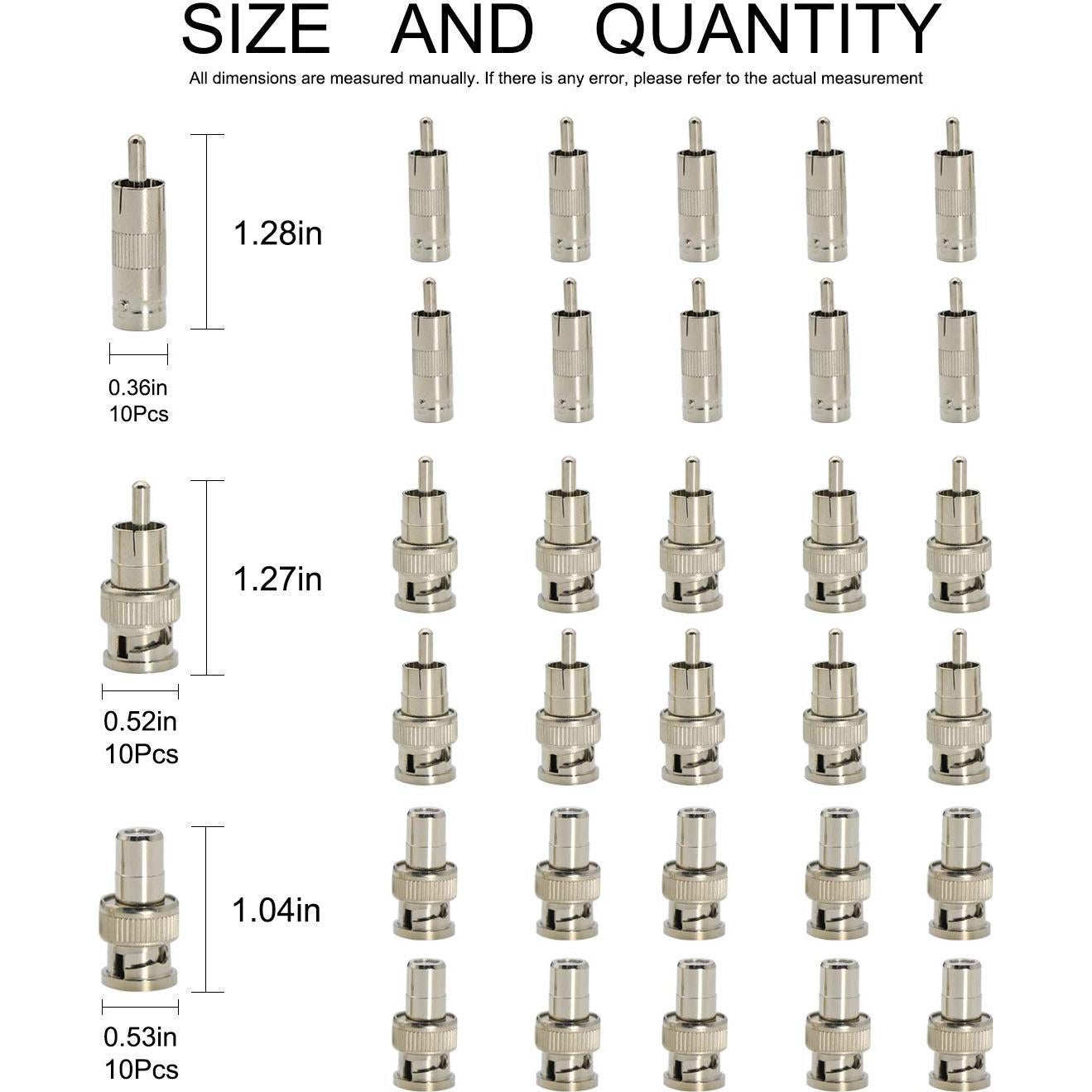Kit 30 Conectores Adaptadores BNC a RCA Zovfam - 10 Macho y Hembra