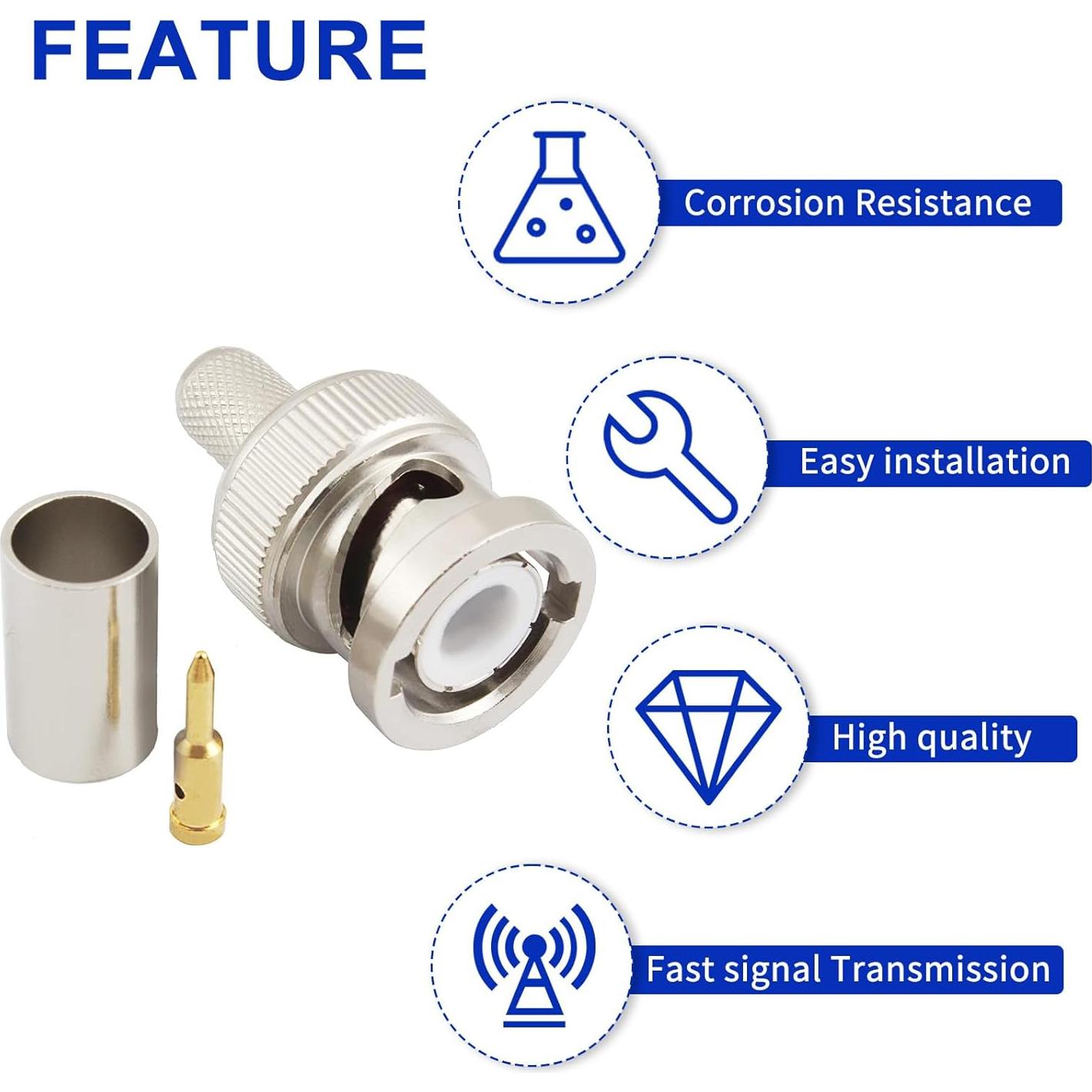 Conector BNC Macho Crimp 50 Ohm para Cable Coaxial RG8X - Paquete de 10