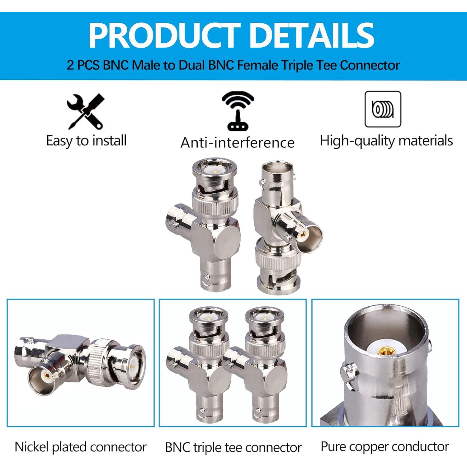 Conector BNC Macho a Doble Hembra TUOLNK 3 Vías - Paquete de 2