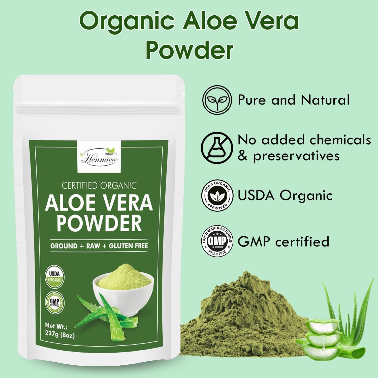 Polvo de Aloe Vera Orgánico Hennaco 227g Hidratante Natural