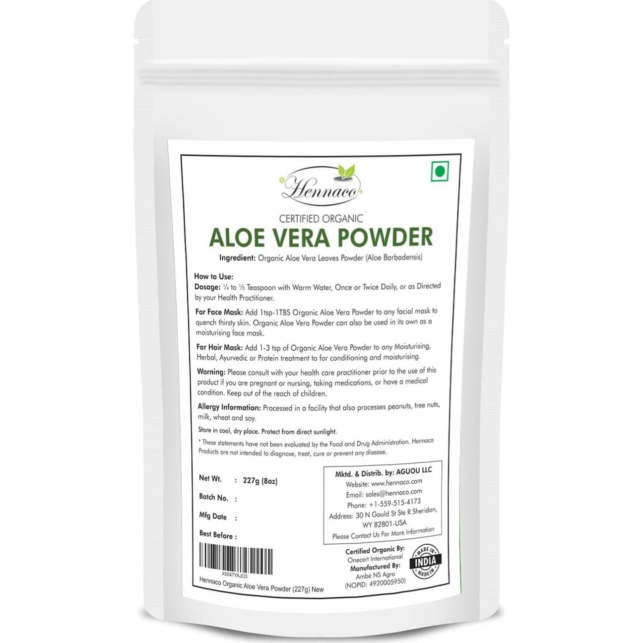 Polvo de Aloe Vera Orgánico Hennaco 227g Hidratante Natural