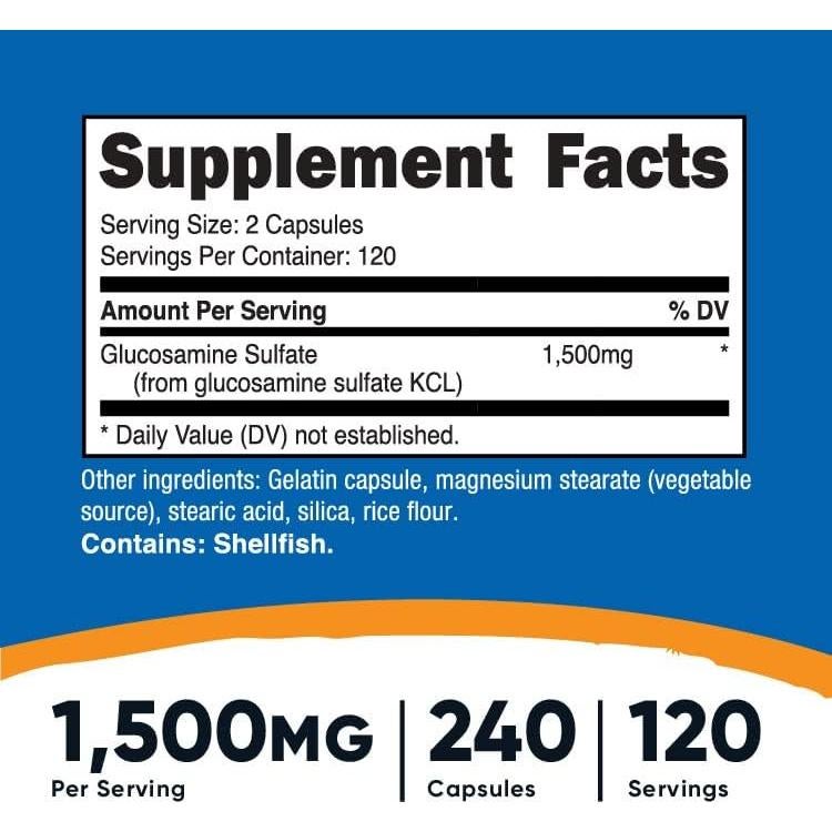 Sulfato de Glucosamina Nutricost 1500mg 240 Cápsulas Sin Gluten