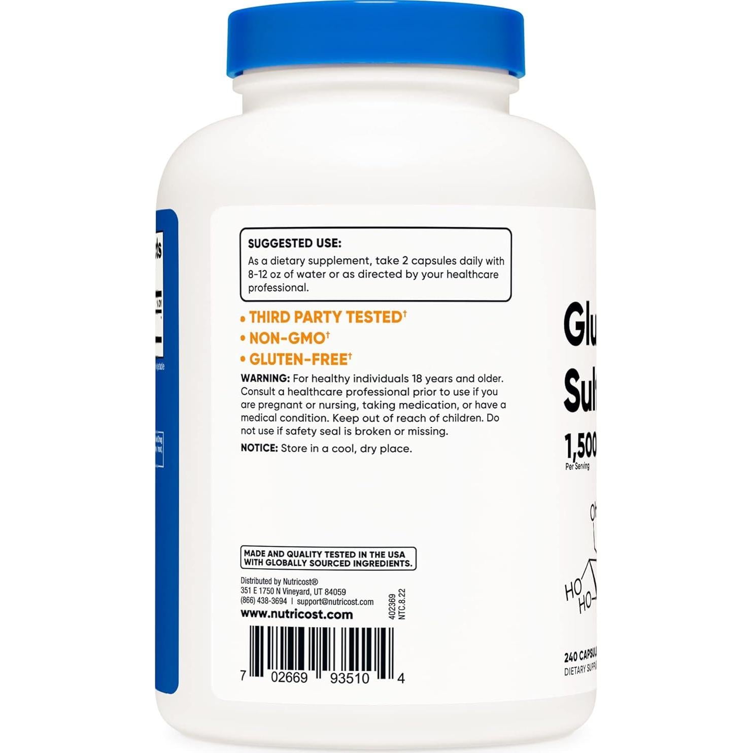 Sulfato de Glucosamina Nutricost 1500mg 240 Cápsulas Sin Gluten