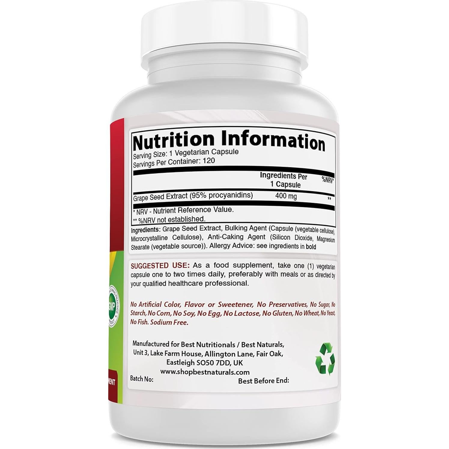 Extracto de Semilla de Uva Best Naturals 400 mg 120 Cápsulas