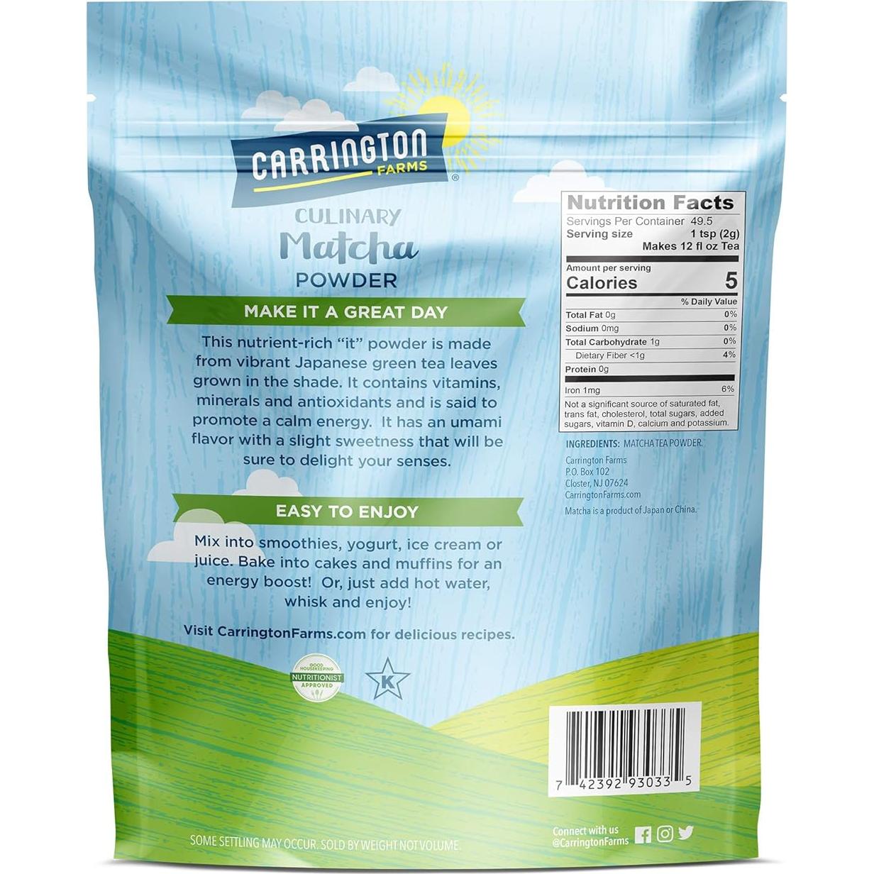 Polvo de Matcha Orgánico Carrington Farms 99.22g - Energizante