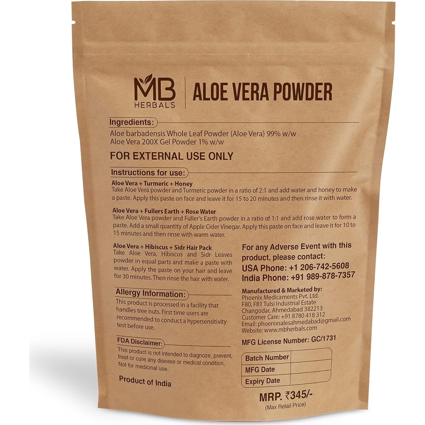 Polvo de Aloe Vera MB Herbals 227g - Hidratante Natural