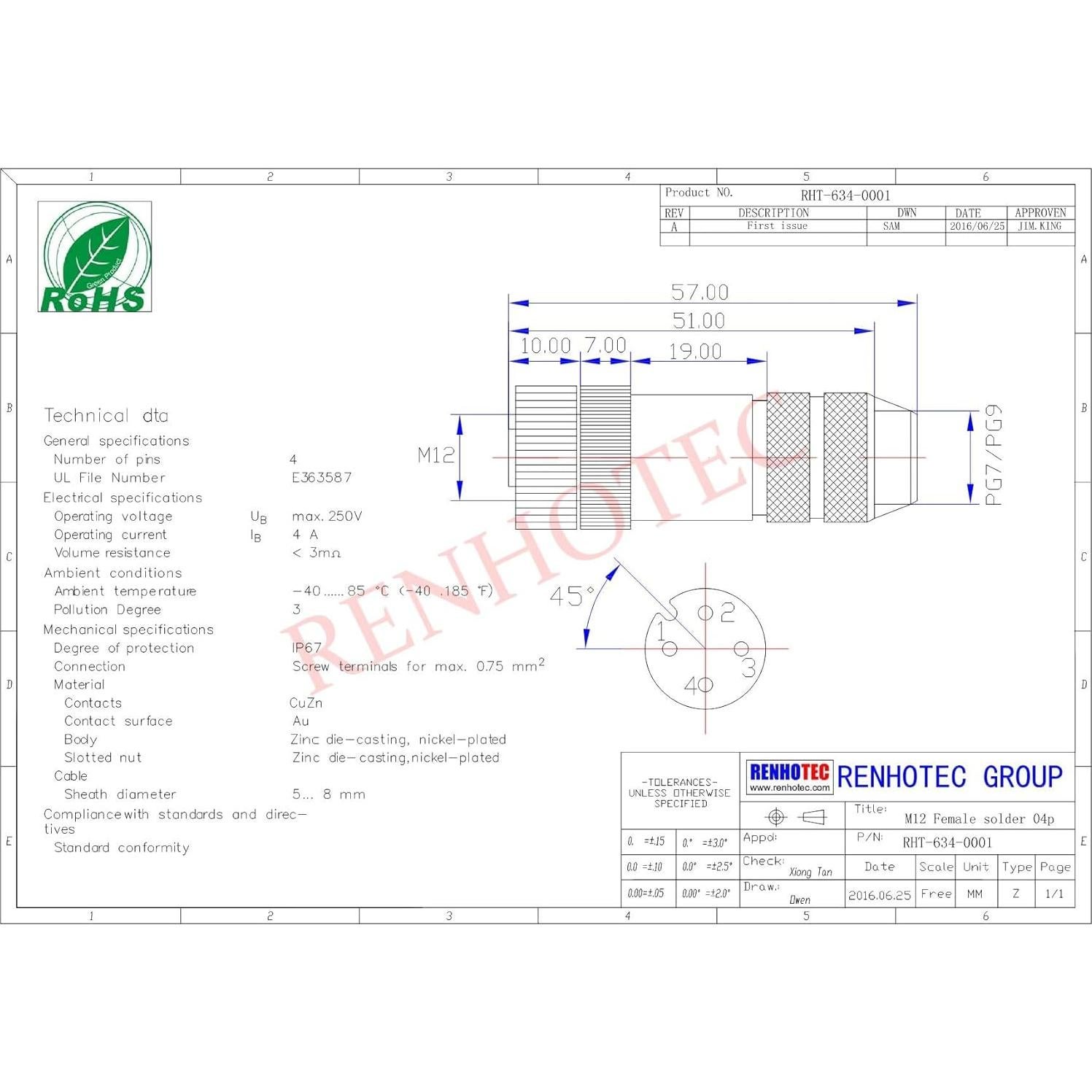 Conector Profibus M12 Hembra A-Code 4 Pines Recto IP68