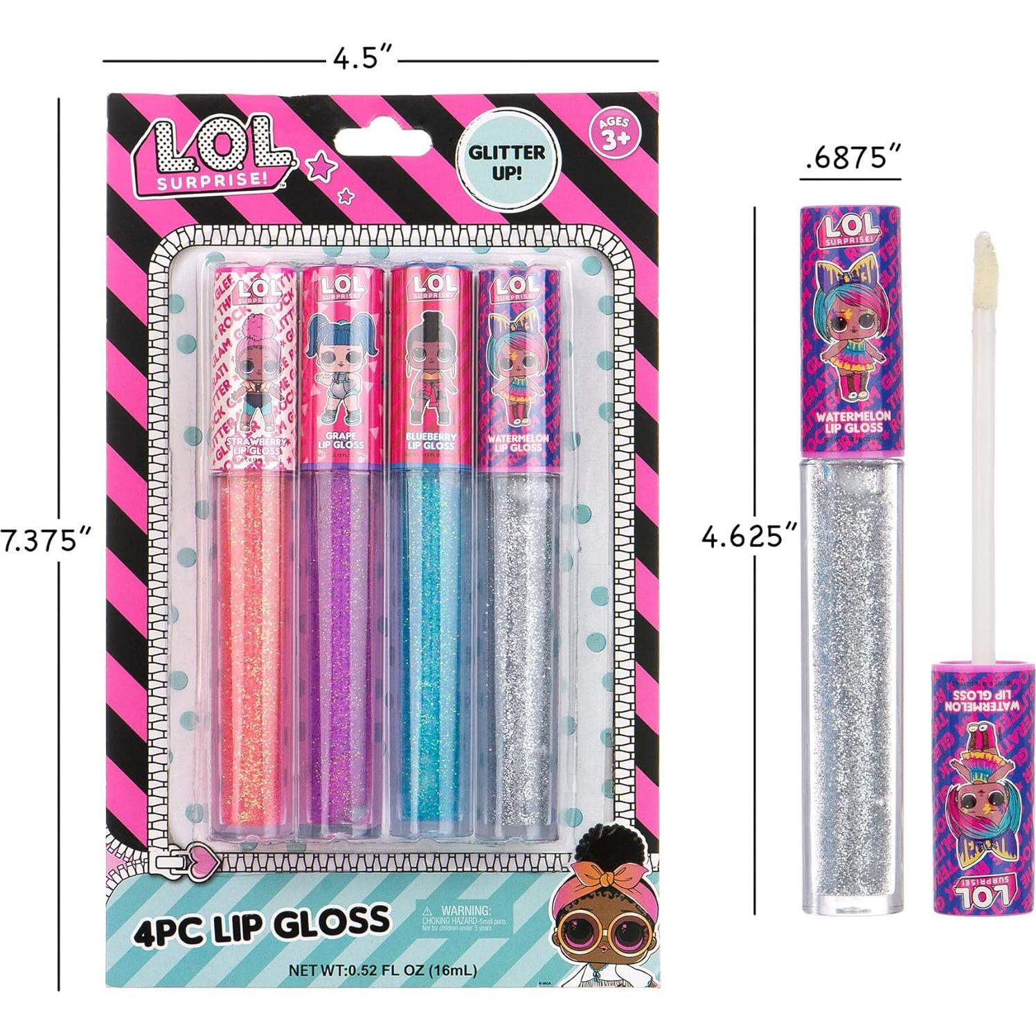 L.O.L Surprise! Party Favors - 4 PC Glitter Lip Gloss Collection. Girl Kids Teen Girls Ladies & Womens 4 Piece Lip Gloss Wand Set, Ages 5+