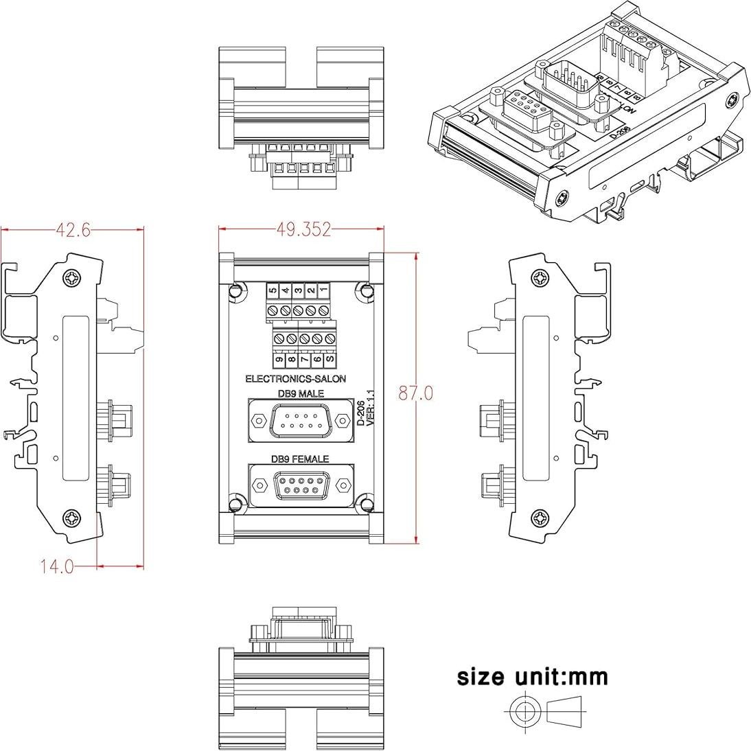 Módulo de Interfaz DB9 Electronics-Salon Montaje en Riel DIN