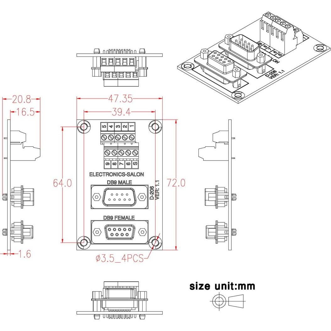 Placa de ruptura D-SUB DB9 macho/hembra Electronics-Salon