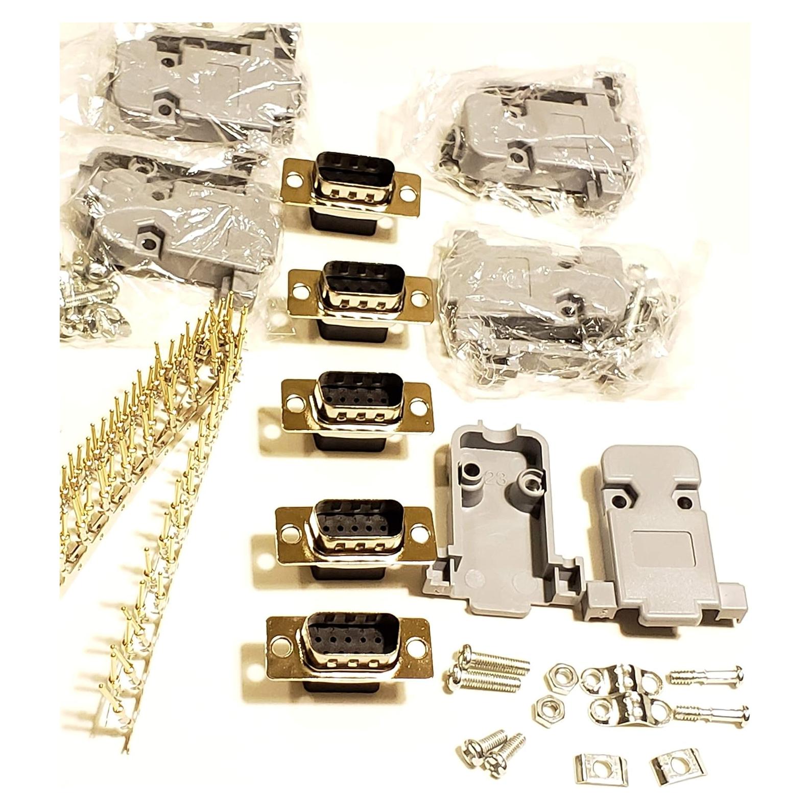 Kit 5 Conectores DB9 Macho Crimp + Capuchones y Pines