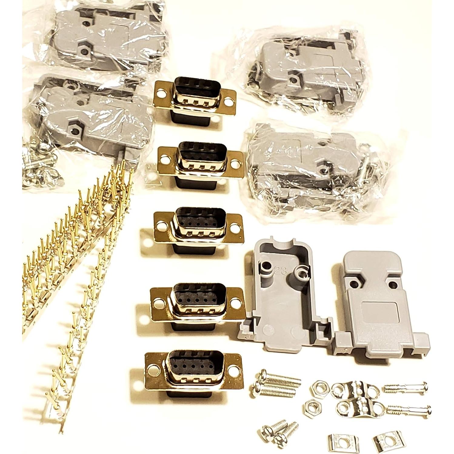 Kit 5 Conectores DB9 Macho Crimp + Capuchones y Pines