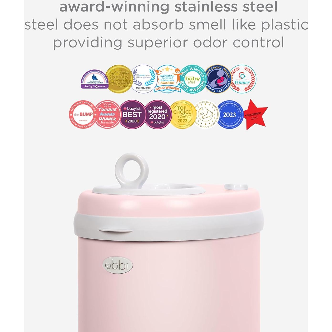 Cubo de Pañales Ubbi de Acero Rosa Blush, Control de Olores