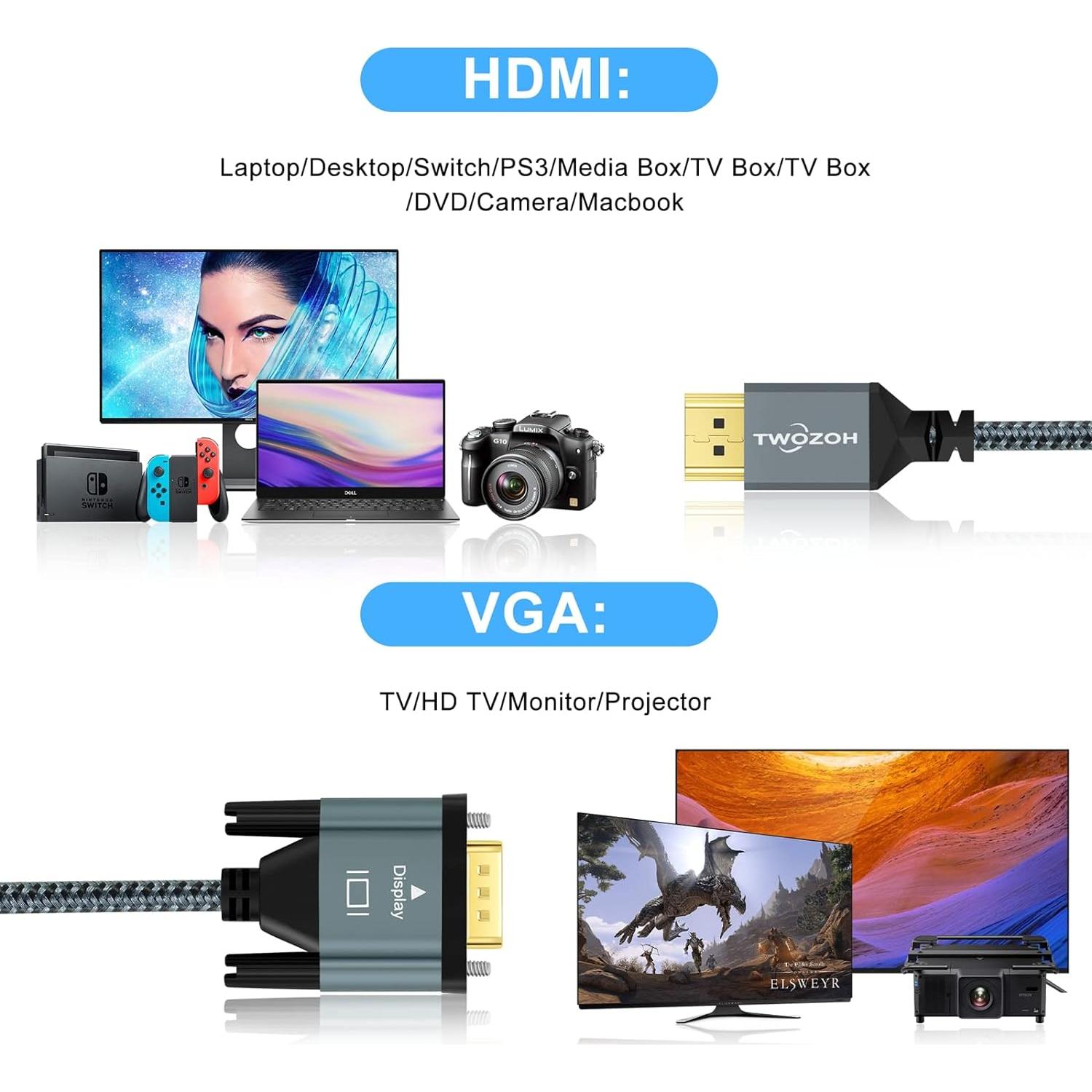 Cable HDMI a VGA Twozoh 2M - 1080P 60Hz, Aluminio y Nylon