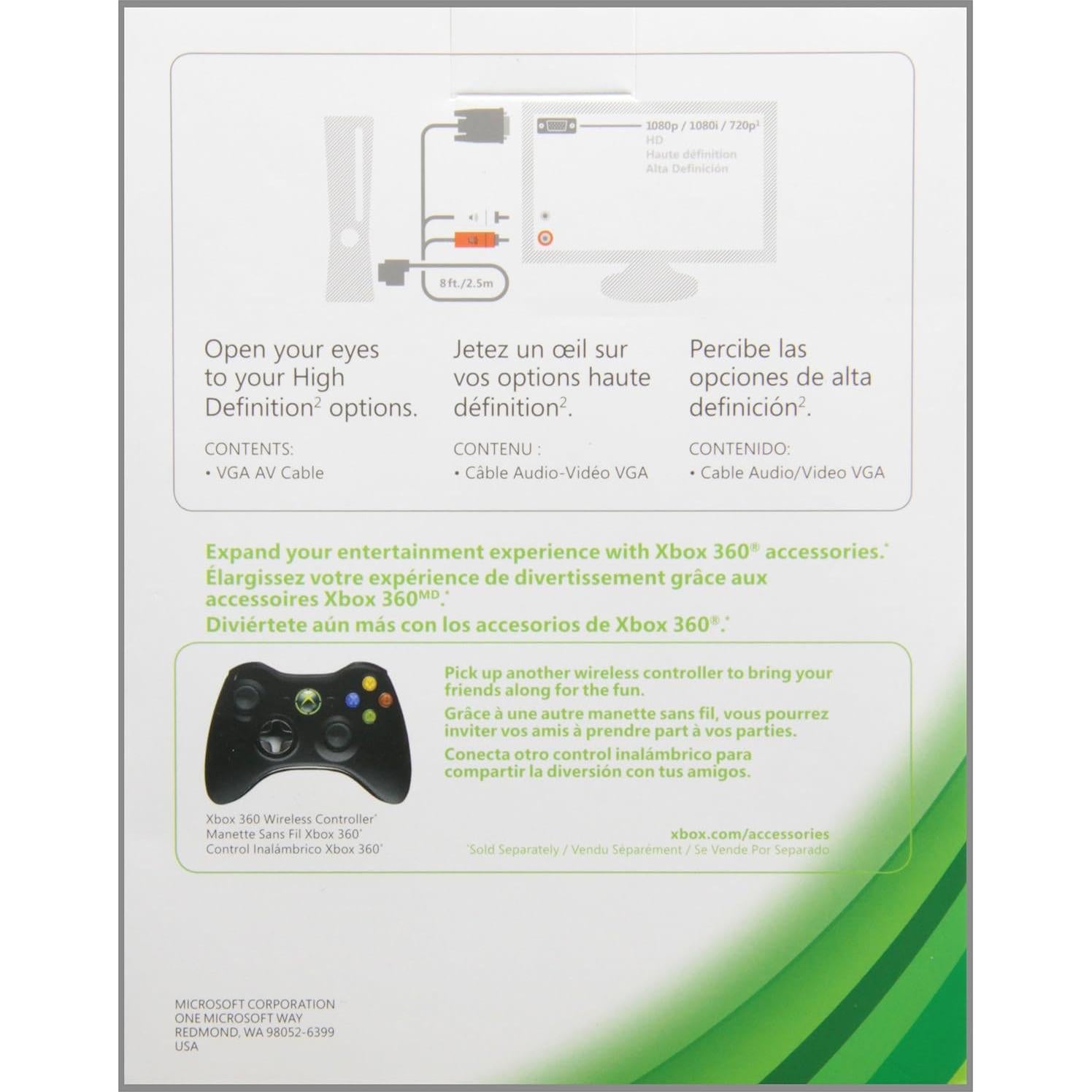 Cable AV VGA HD Microsoft Xbox 360 2.44m 1080p