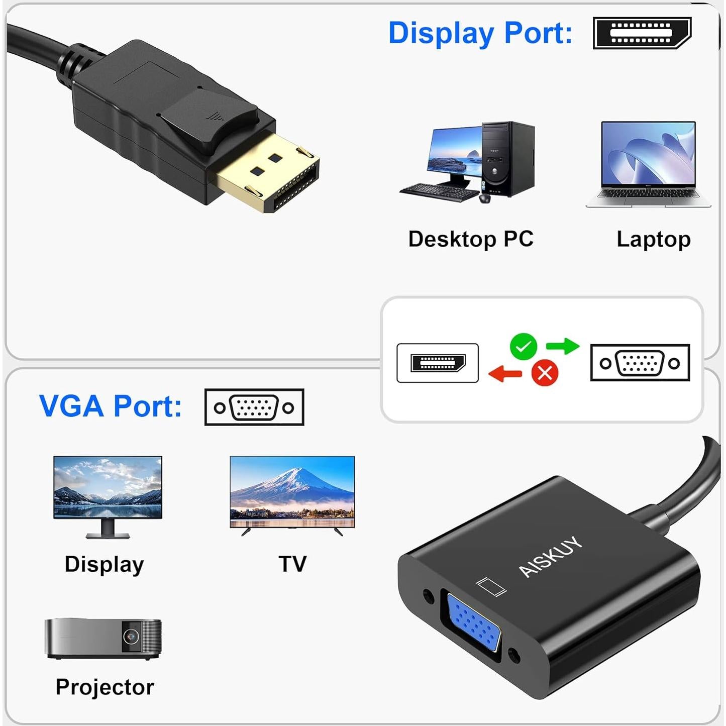 Adaptador DisplayPort a VGA AISKUY 1920x1080 32g