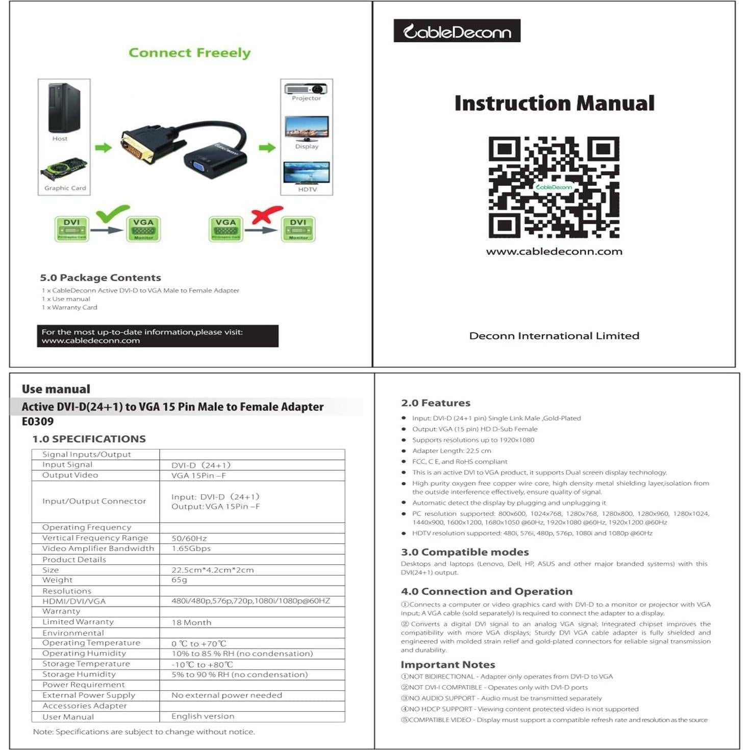 Adaptador DVI-D a VGA CableDeconn 24+1 Macho a Hembra 1080p