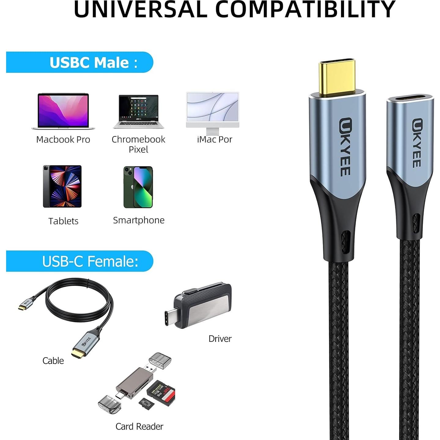 Cable de Extensión USB C 1.0m UKYEE 10-Pack 100W 10Gbps