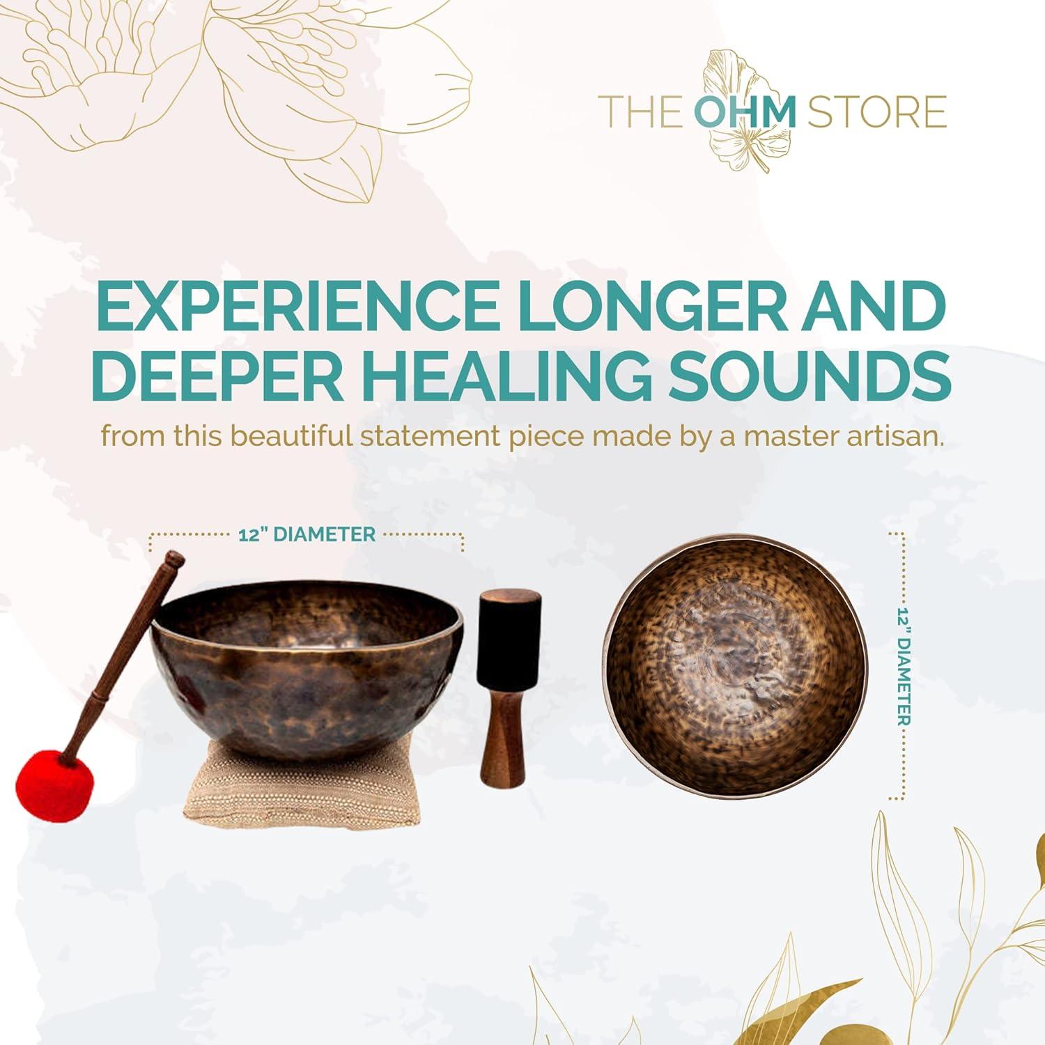 Large Tibetan Singing Bowl Set by Ohm Store — Jupiter Pure Bronze Meditation Sound Bowl 12 Inches, 2 Mallets and a Cushion — Sound Bath Instrument to Enhance Yoga, Prayer, Chakra Healing, and Mindset