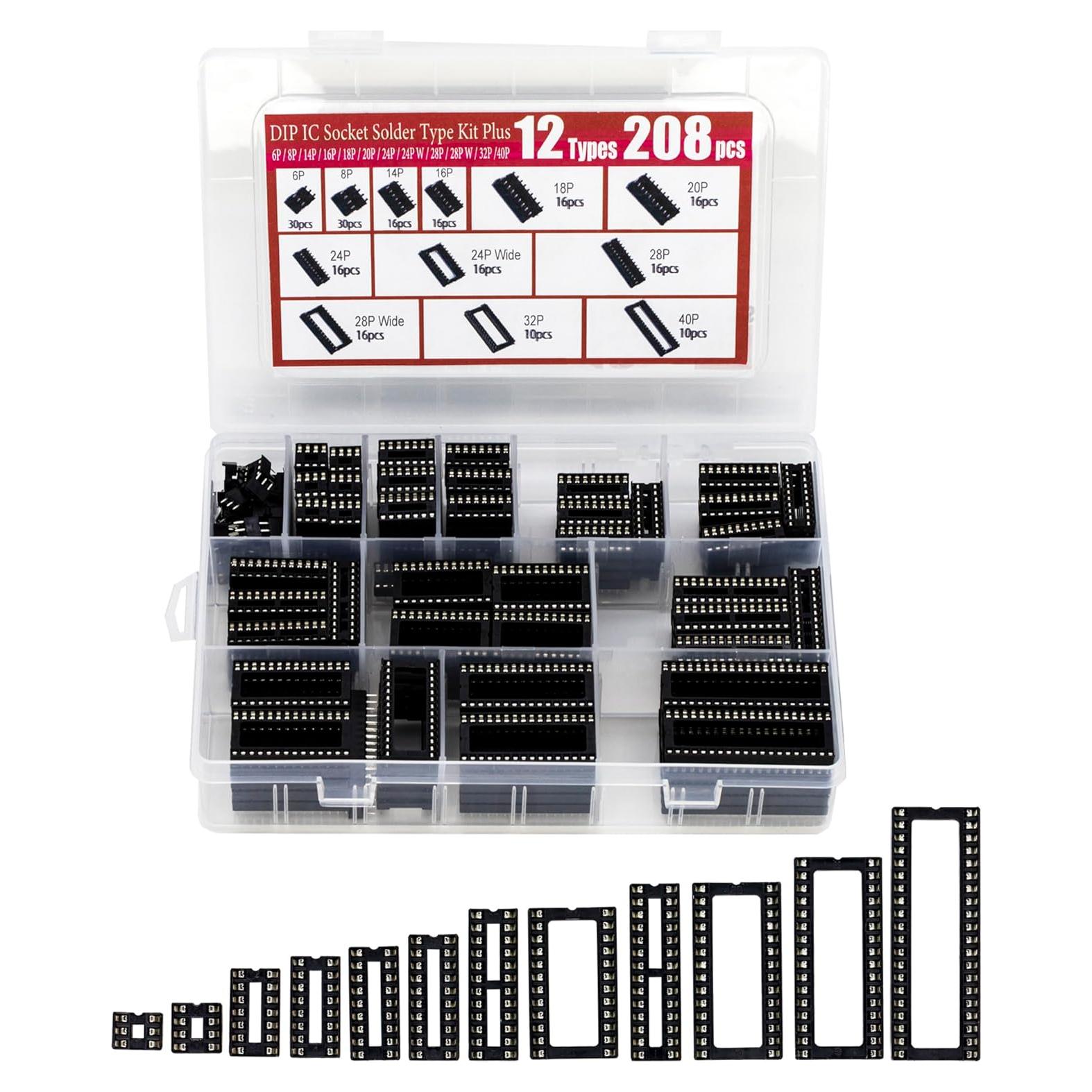 Kit de zócalos DIP IC 208 piezas jujinglobal 12 tipos 2.54mm