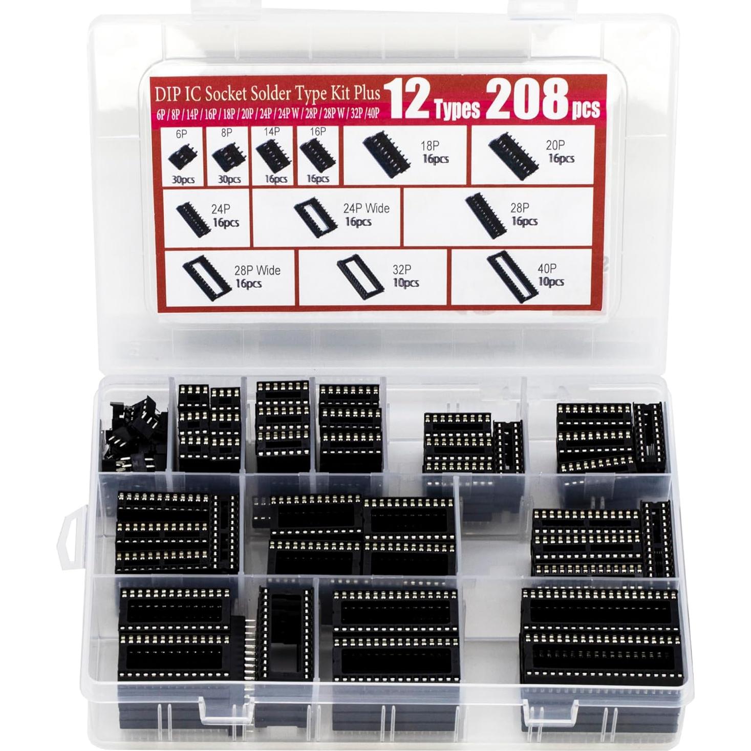 Kit de zócalos DIP IC 208 piezas jujinglobal 12 tipos 2.54mm