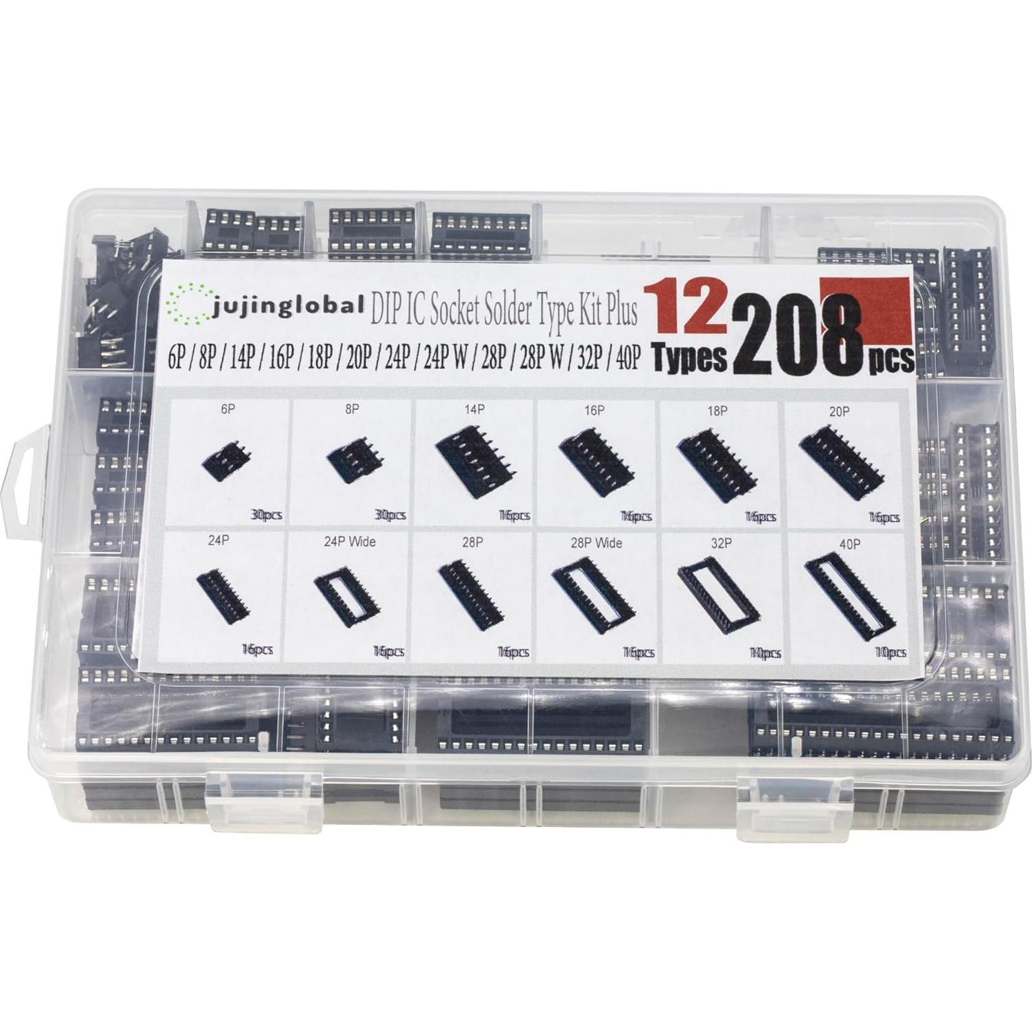 Kit de zócalos DIP IC 208 piezas jujinglobal 12 tipos 2.54mm