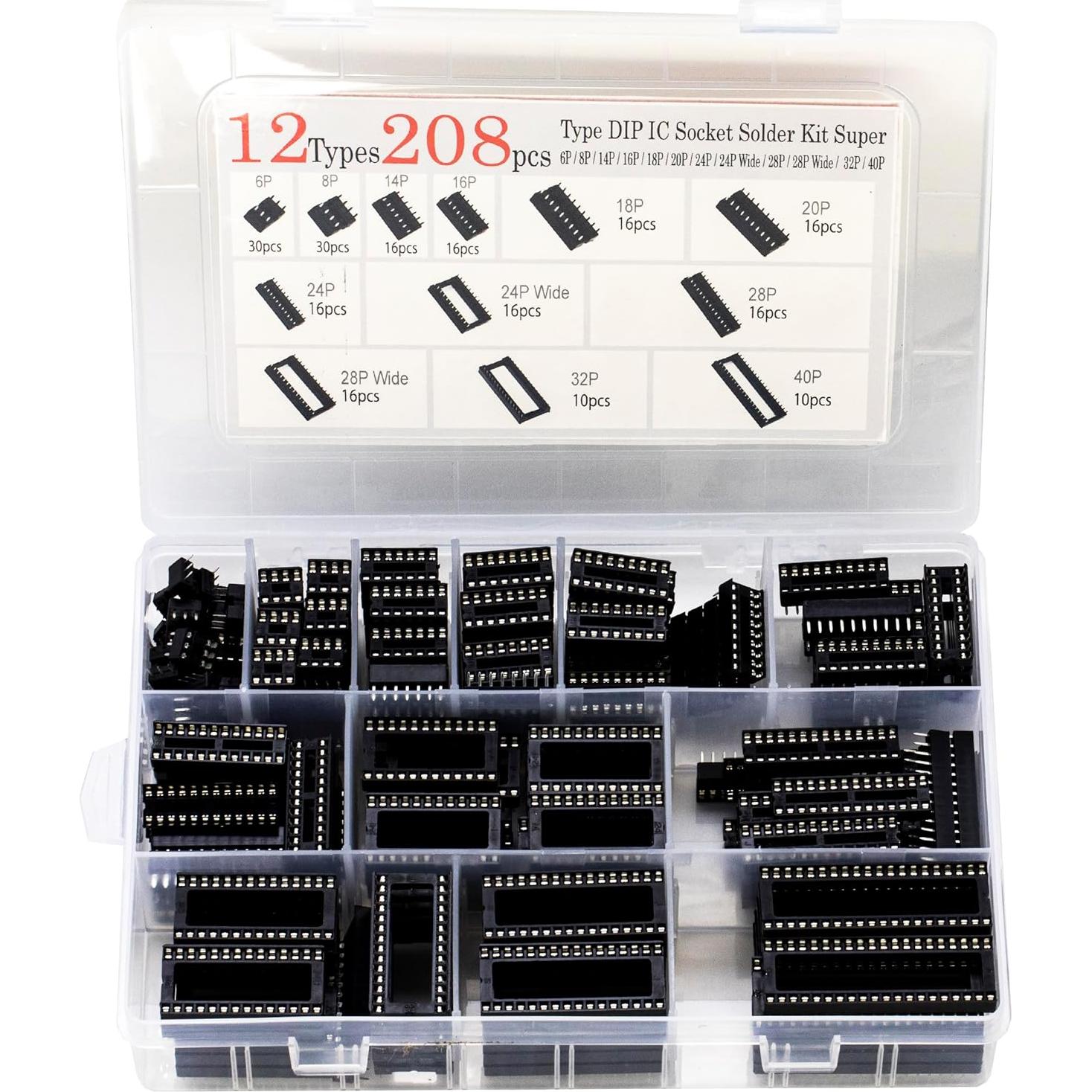 Kit de Sockets DIP IC 208 Piezas 12 Valores 2.54mm