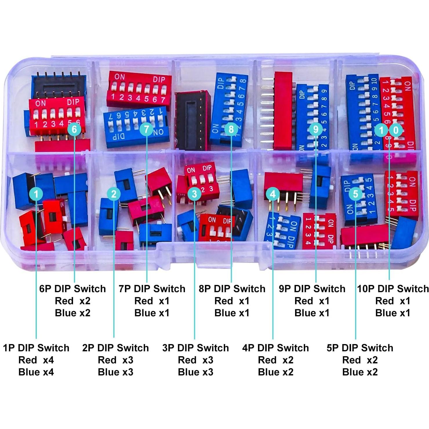 Kit de Interruptores DIP JTSINERU 40pcs 2.54mm Rojos y Azules