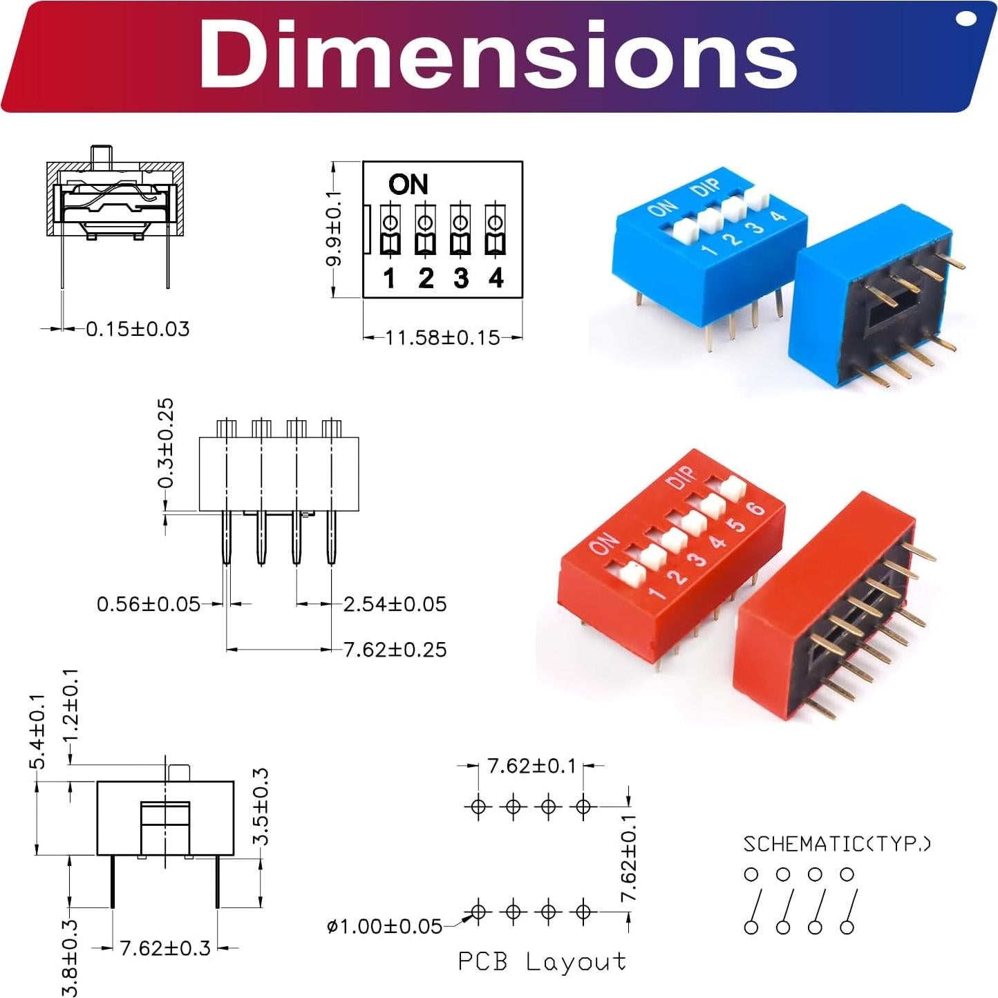 Kit de Interruptores DIP JTSINERU 40pcs 2.54mm Rojos y Azules