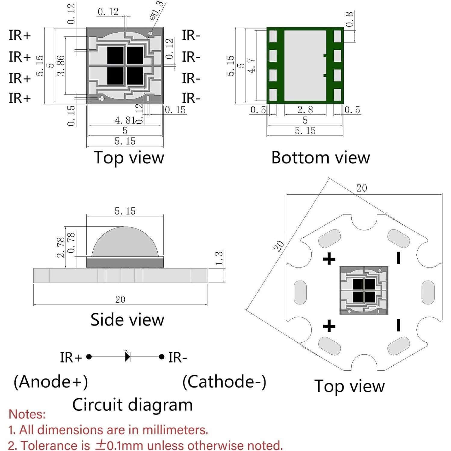 5 Pcs Chip LED IR 5050 SMD 12W 940-945nm con Base PCB 20mm