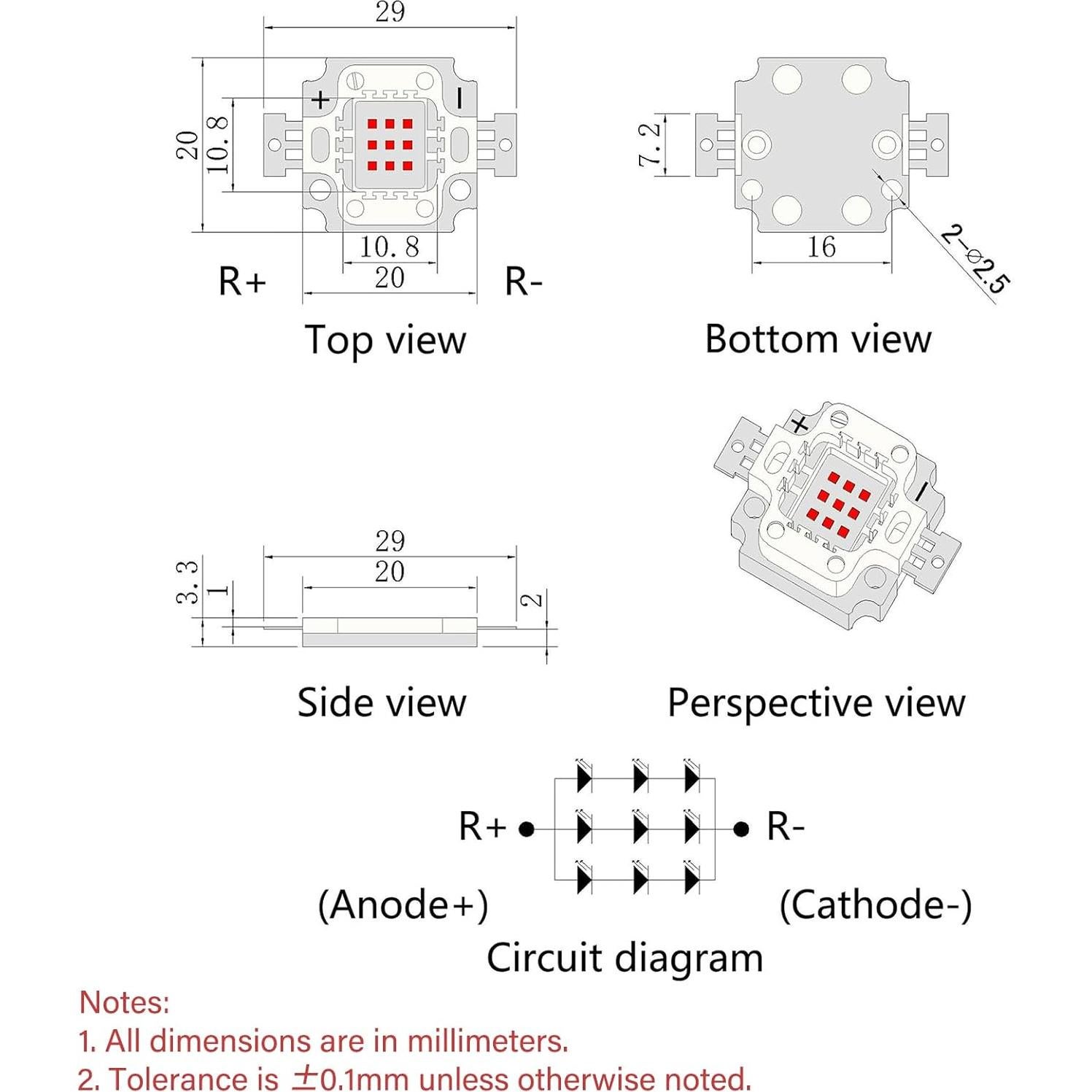 Chip LED Rojo 10W LEDGUHON 660nm para Iluminación DIY