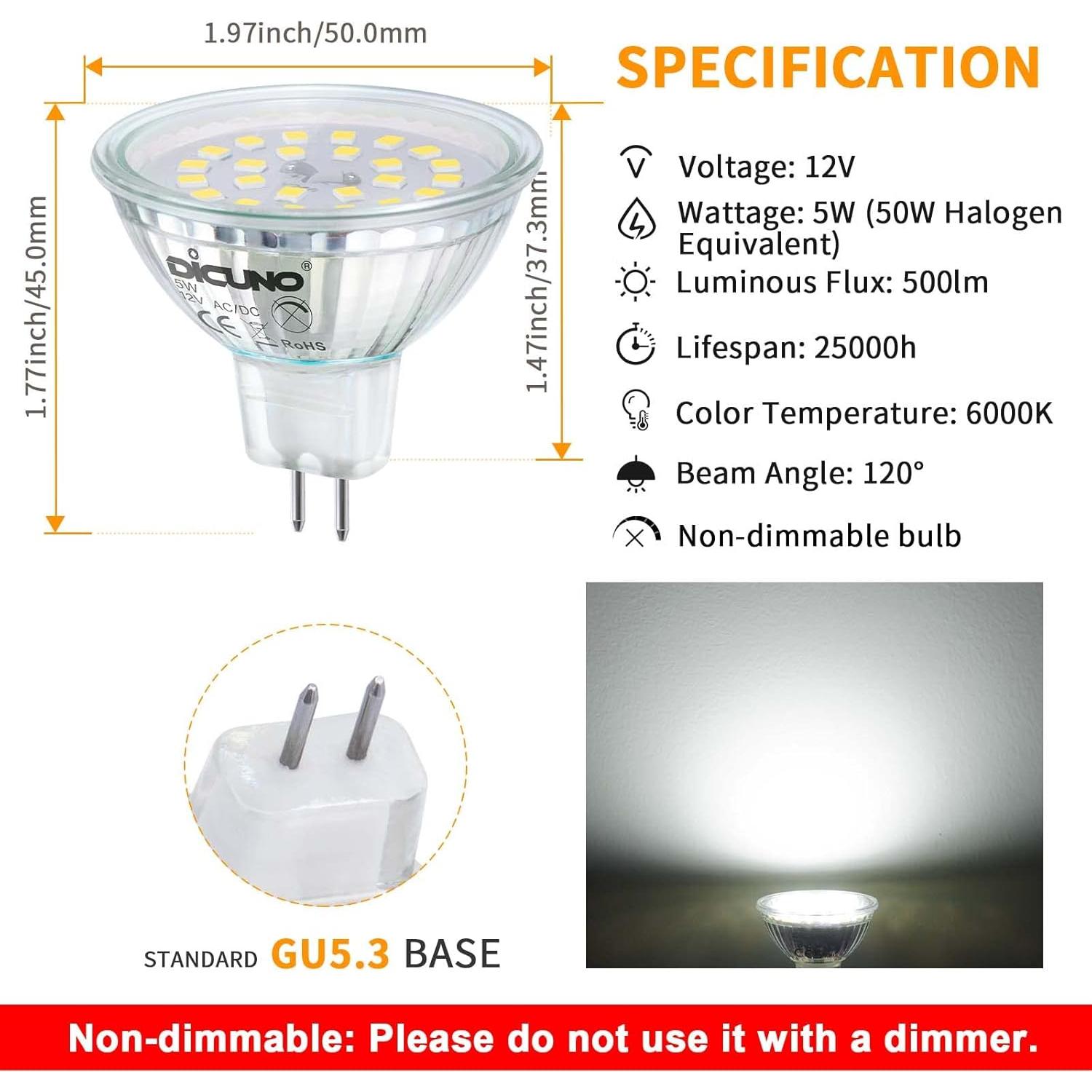 Bombillas LED DiCUNO MR16 5W 6000K GU5.3 10 Paquetes