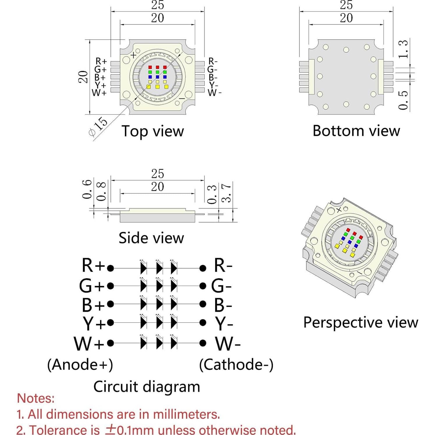 Chip LED RGBWY 15W de Alta Potencia LEDGUHON para Iluminación DIY