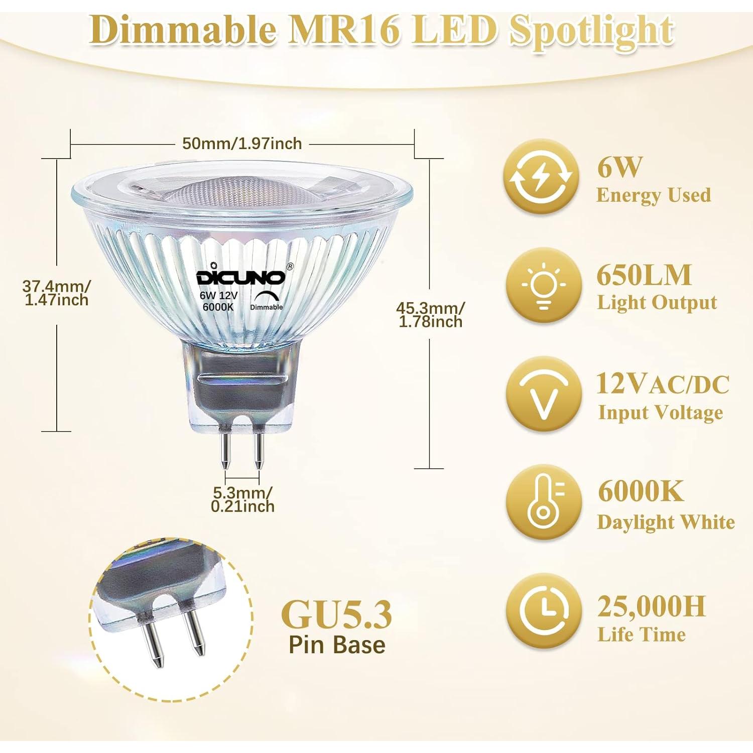 Bombilla LED DiCUNO MR16 regulable 6W 6000K GU5.3 Paquete de 10