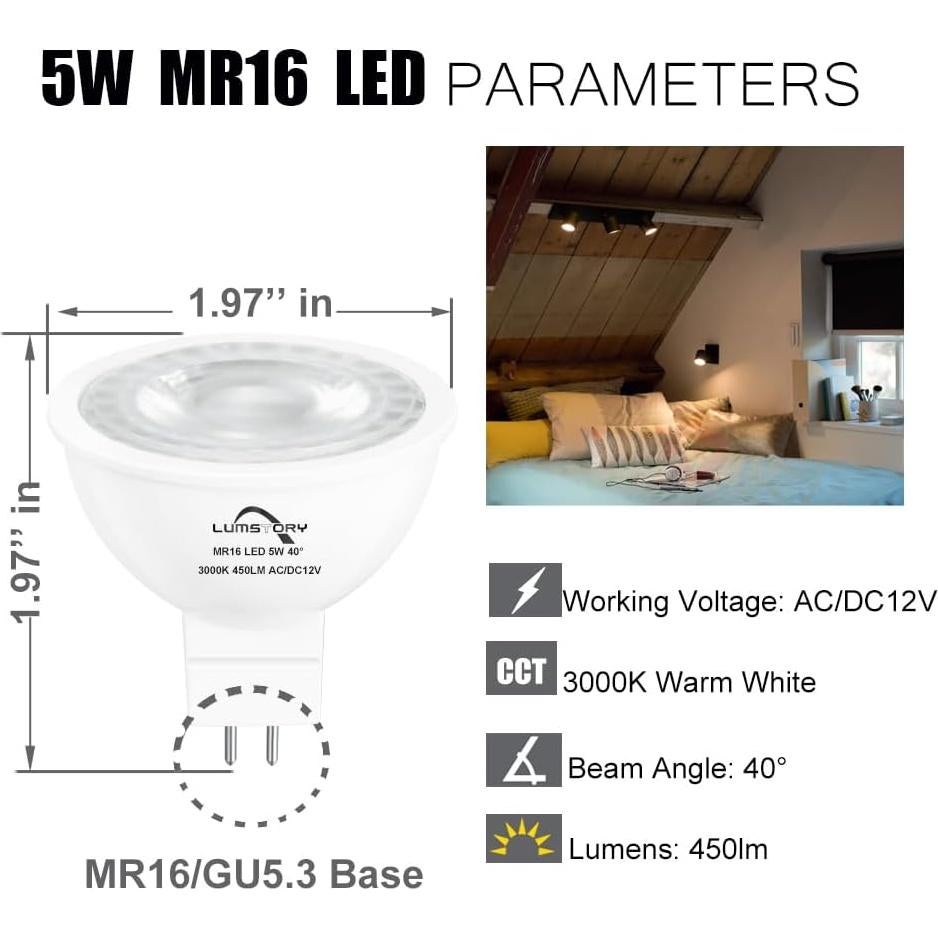 Bombilla LED MR16 12V LumStory 5W 450lm Blanco Cálido 10-Pack
