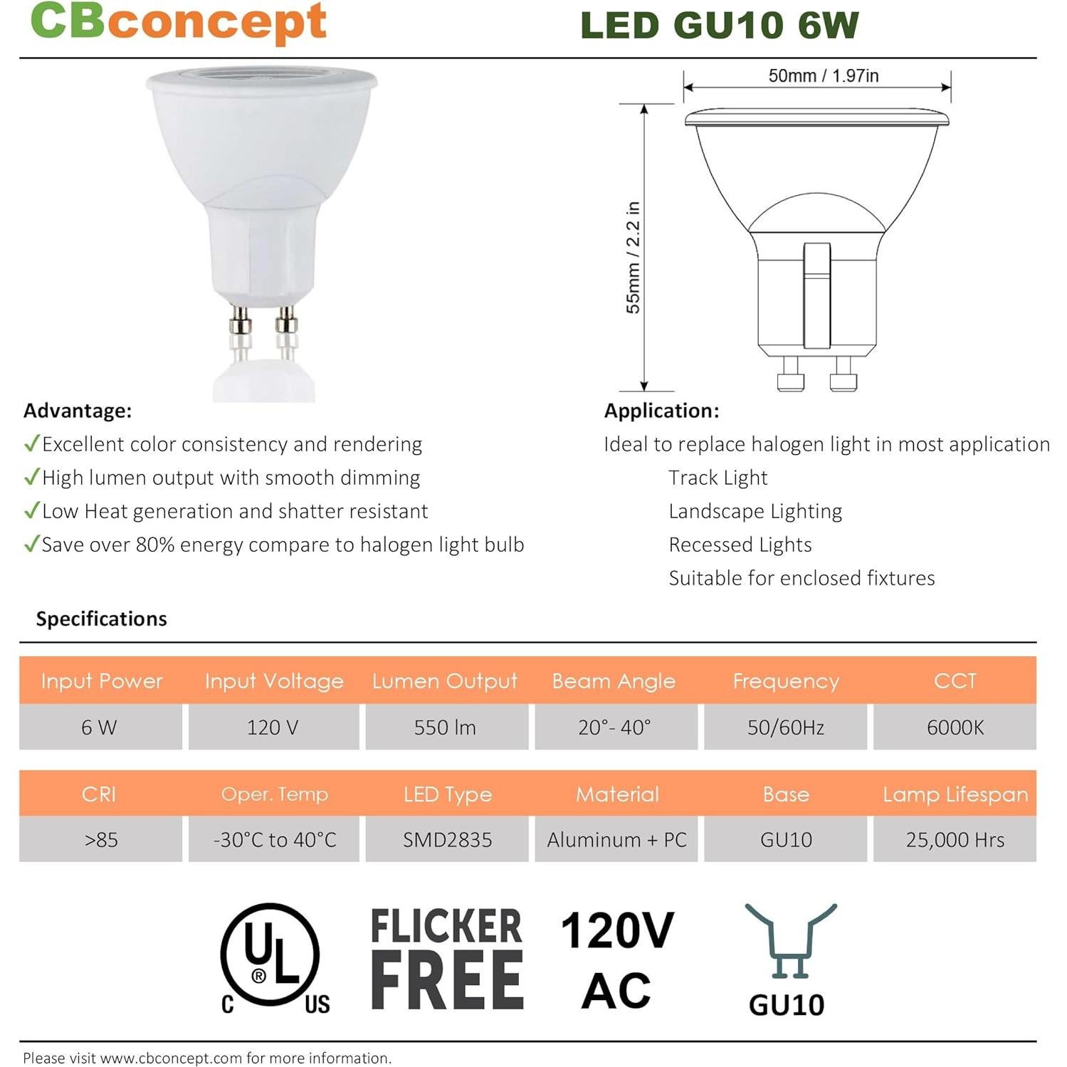 Bombillas LED GU10 CBconcept 6W 550 Lúmenes 6000K Paquete 10