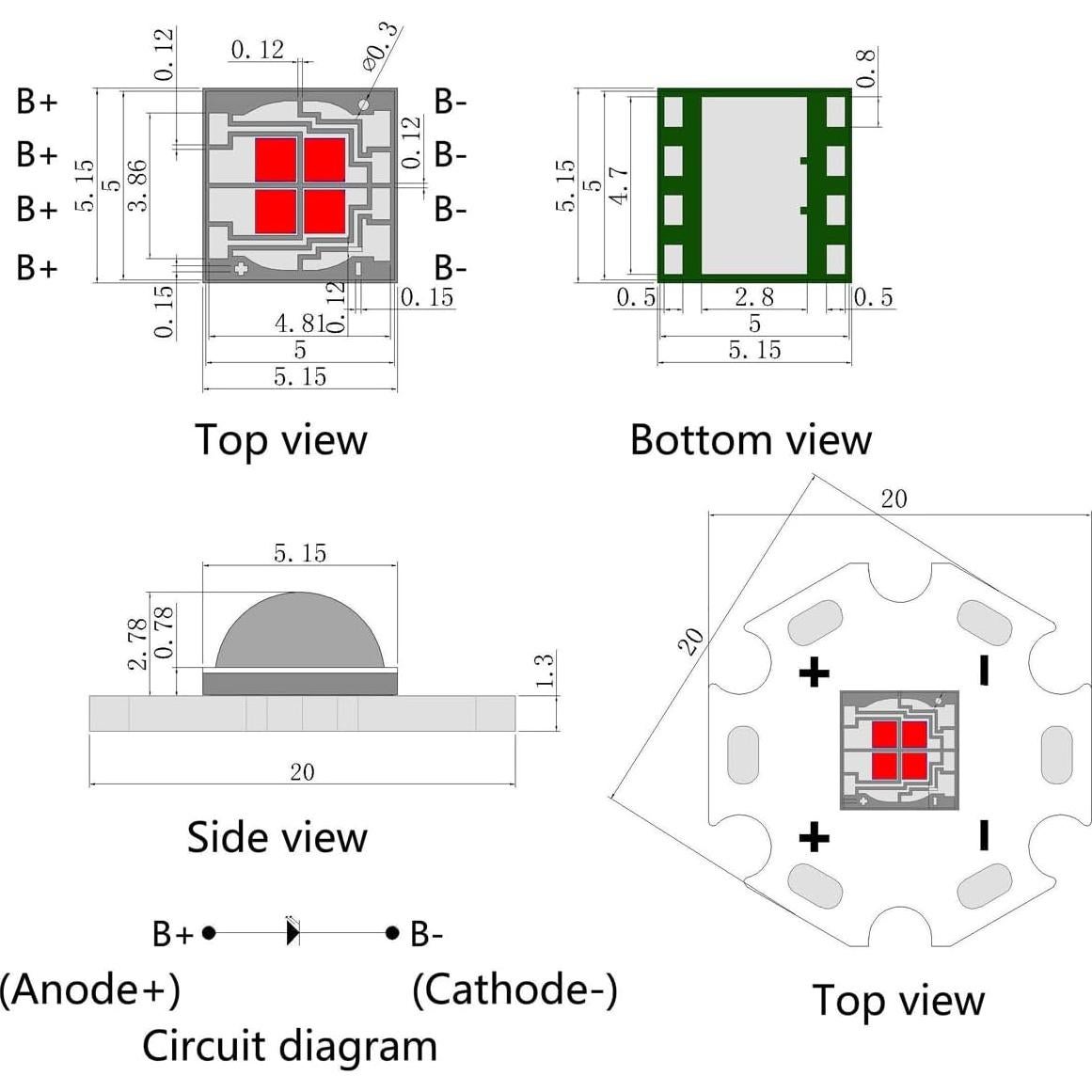 5 Pcs LED Rojo 5050 SMD 12W con Placa Aluminio 20mm