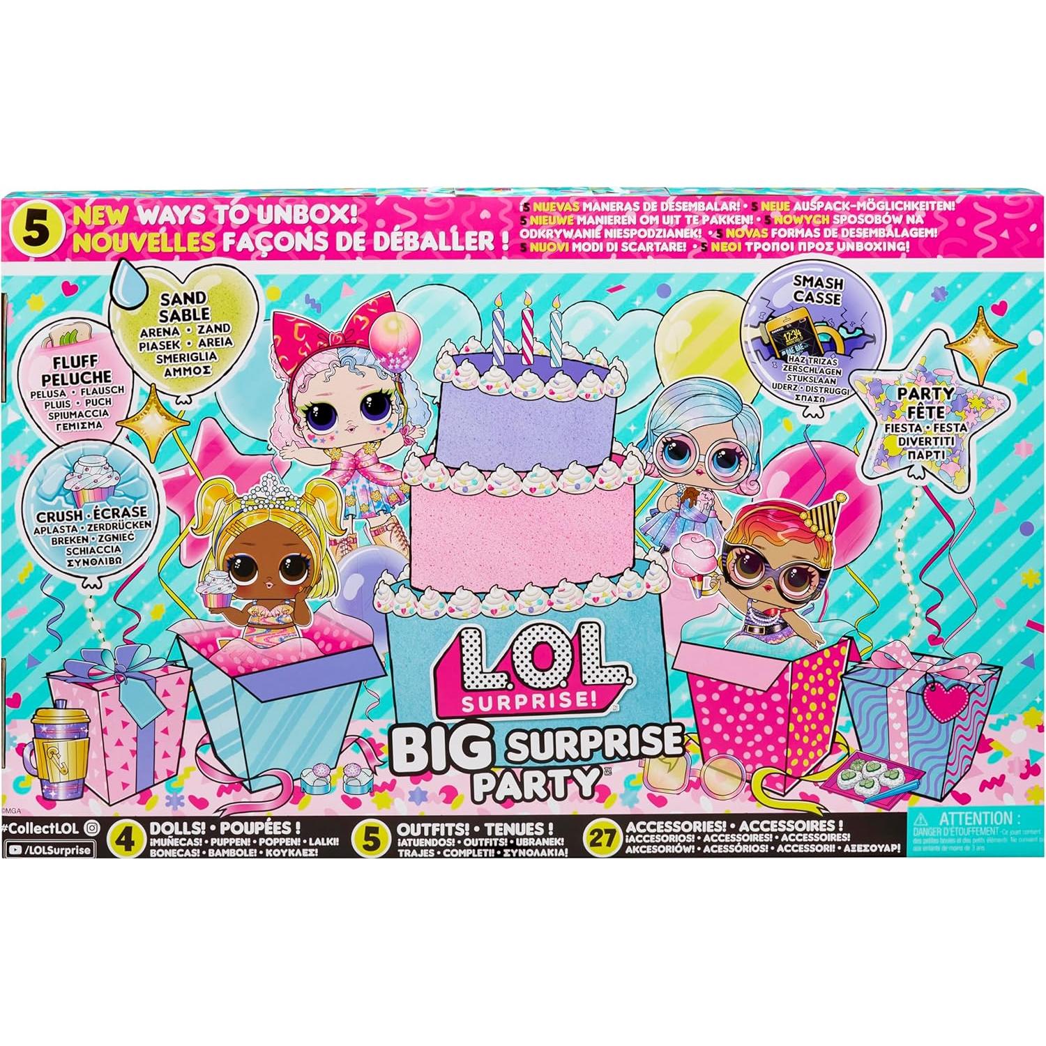 L.O.L. Surprise! Big Surprise Party – 4 Dolls to Collect, + 40 Surprises, 5 Unboxing Experiences, Outfits, Sand, Gel, Shells, Plush, Party Confetti, Girls 4 Years and Up