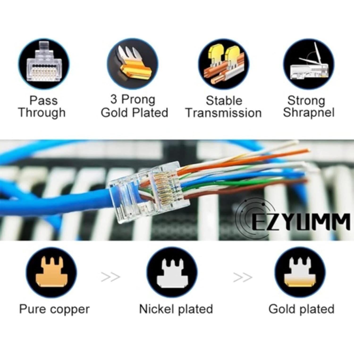 Conectores RJ45 Cat 5 y Cat 6 ZYU 20 unidades 8P8C chapados en oro