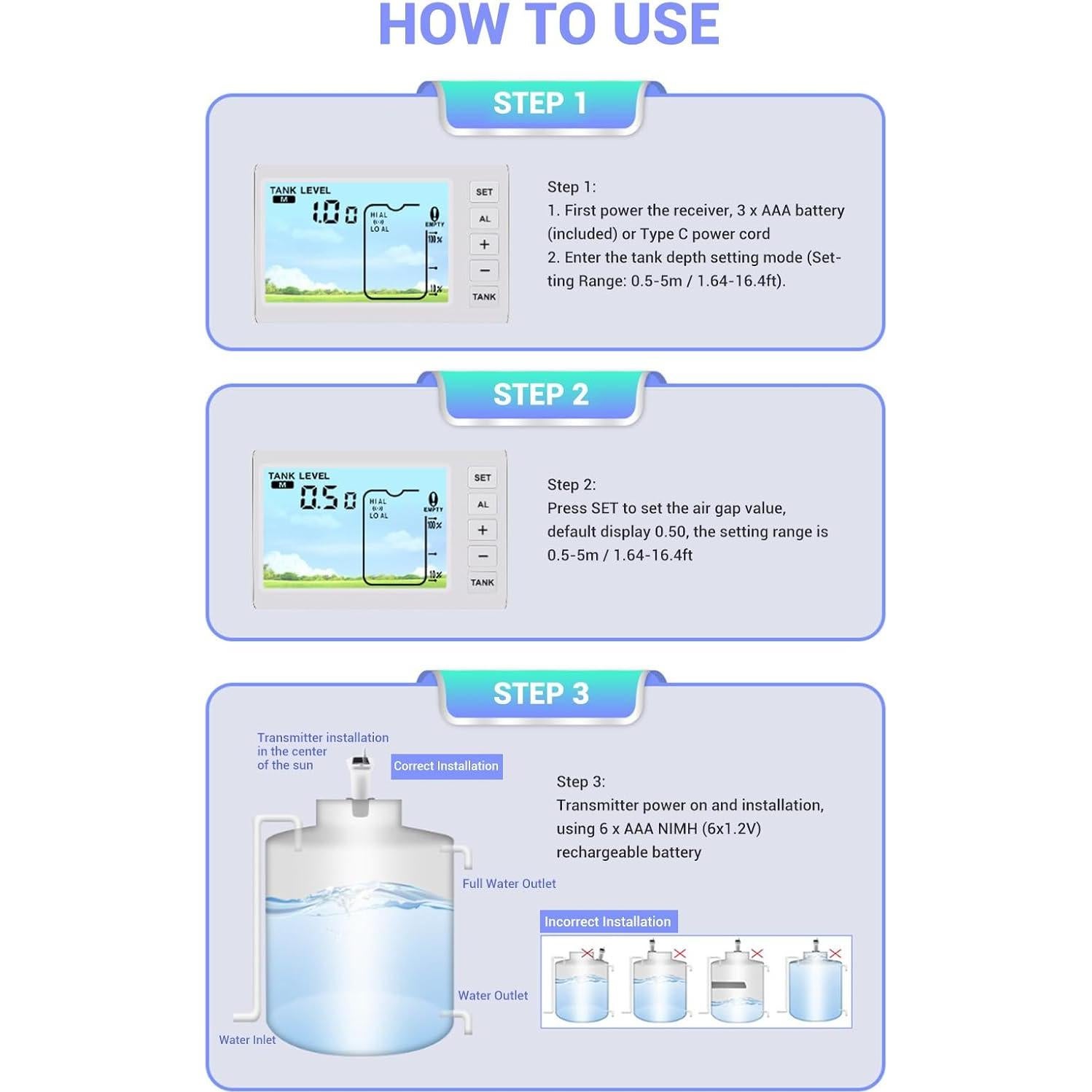 Sensor de Nivel de Líquido Ultrasonico Yechiry 1-5m Pantalla 4.3"
