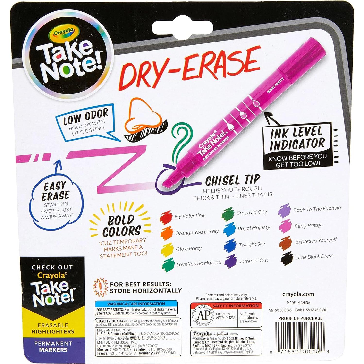 Marcadores Crayola Take Note 12ct Borrado en Seco Punta Chisel