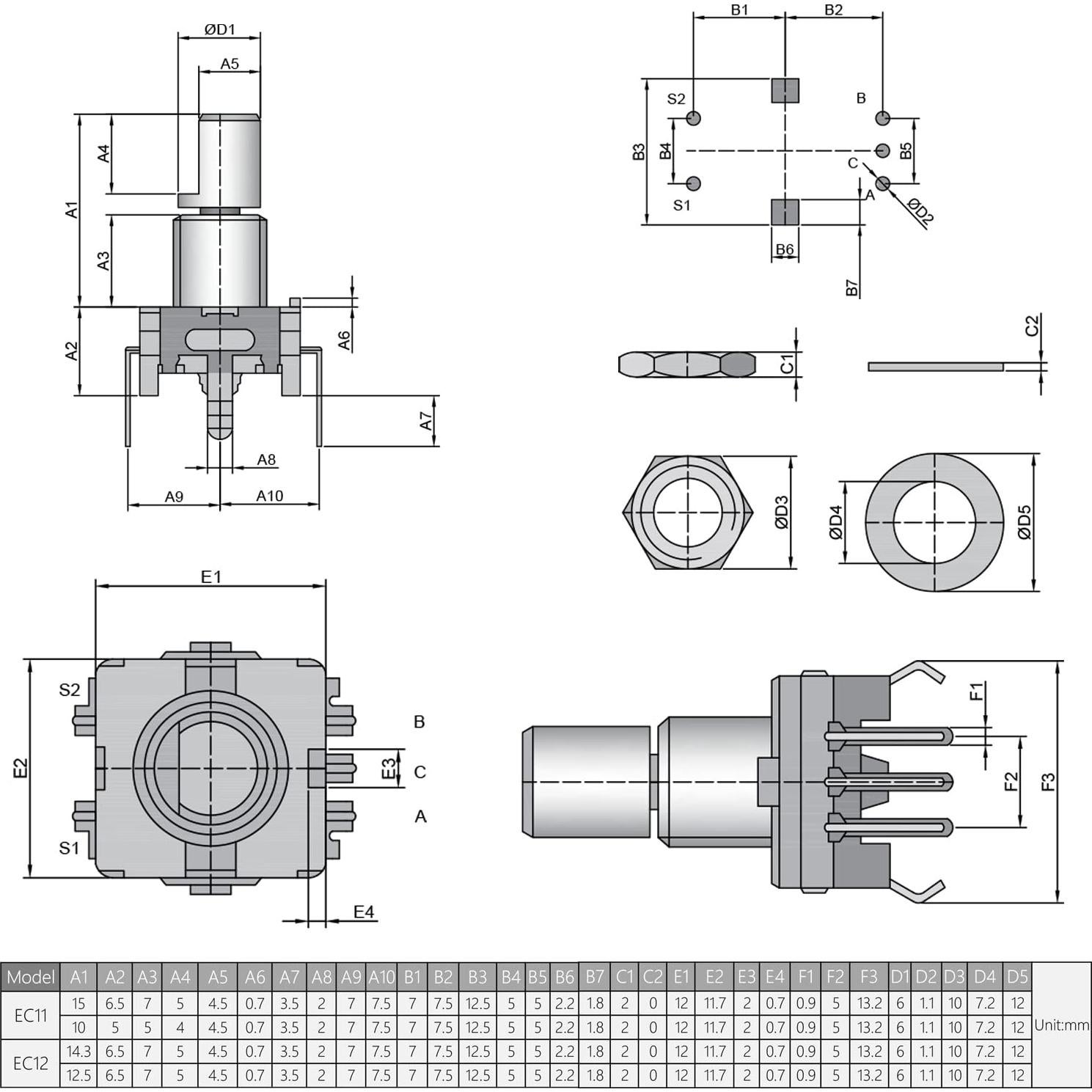 Codificador Rotativo Fielect EC12 360 Grados 7 Pines 14.3mm 5Pcs