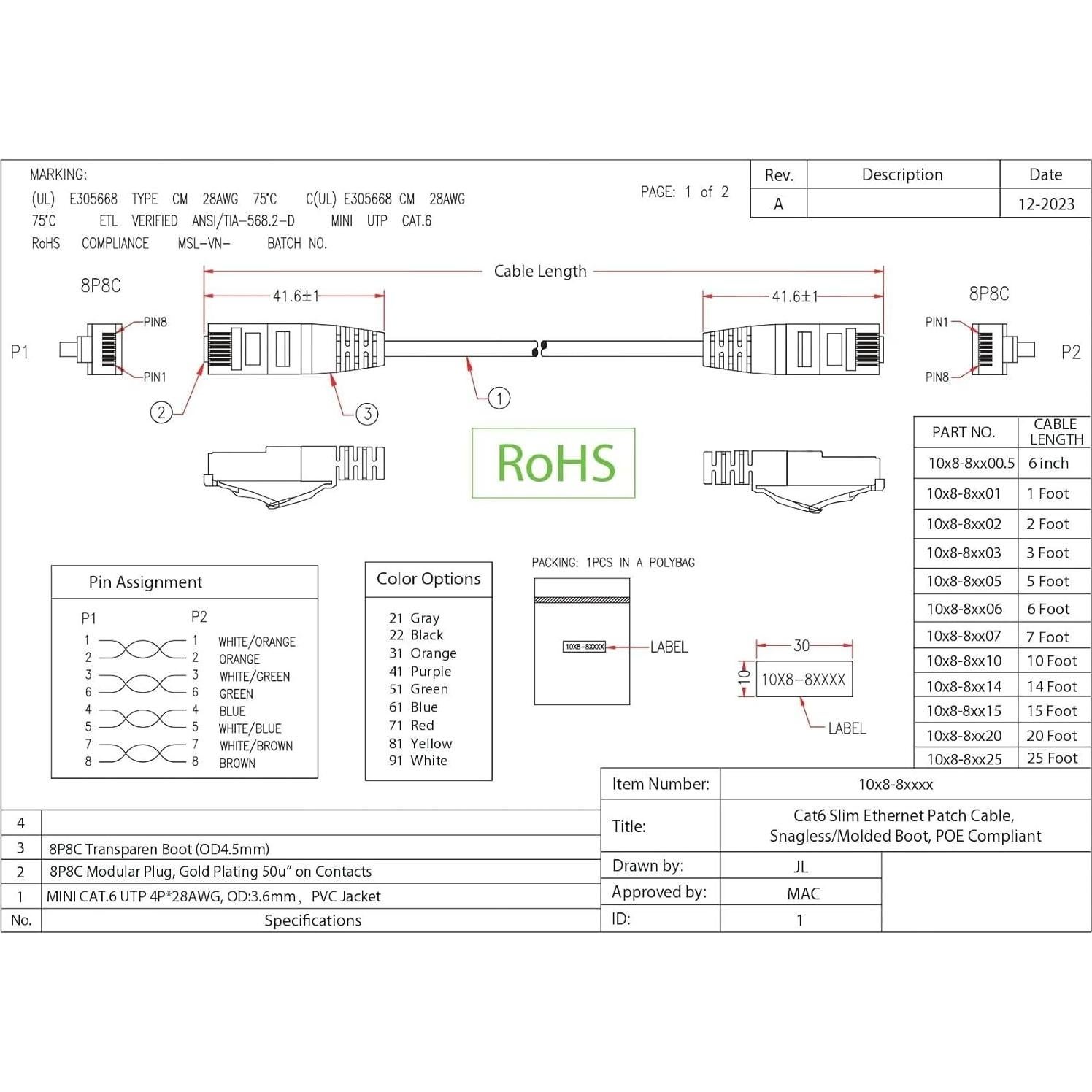Cable Ethernet Cat6 Delgado 28AWG CableWholesale 3.05m Negro