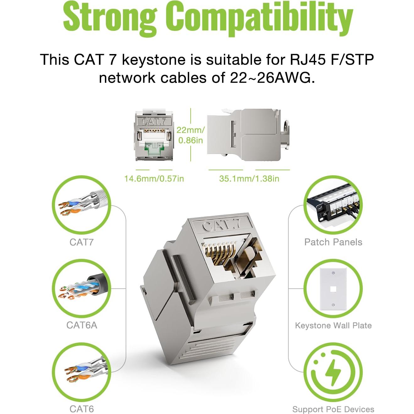 Paquete de 12 Jacks Keystone RJ45 Cat7 LEENUE 10Gbps 600MHz