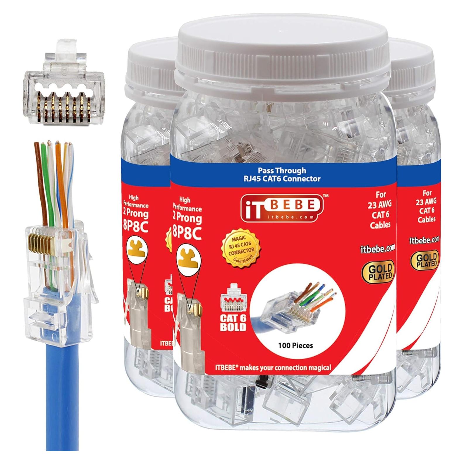 Conectores RJ45 Cat6 ITBEBE 300 Piezas Passthrough 23 AWG